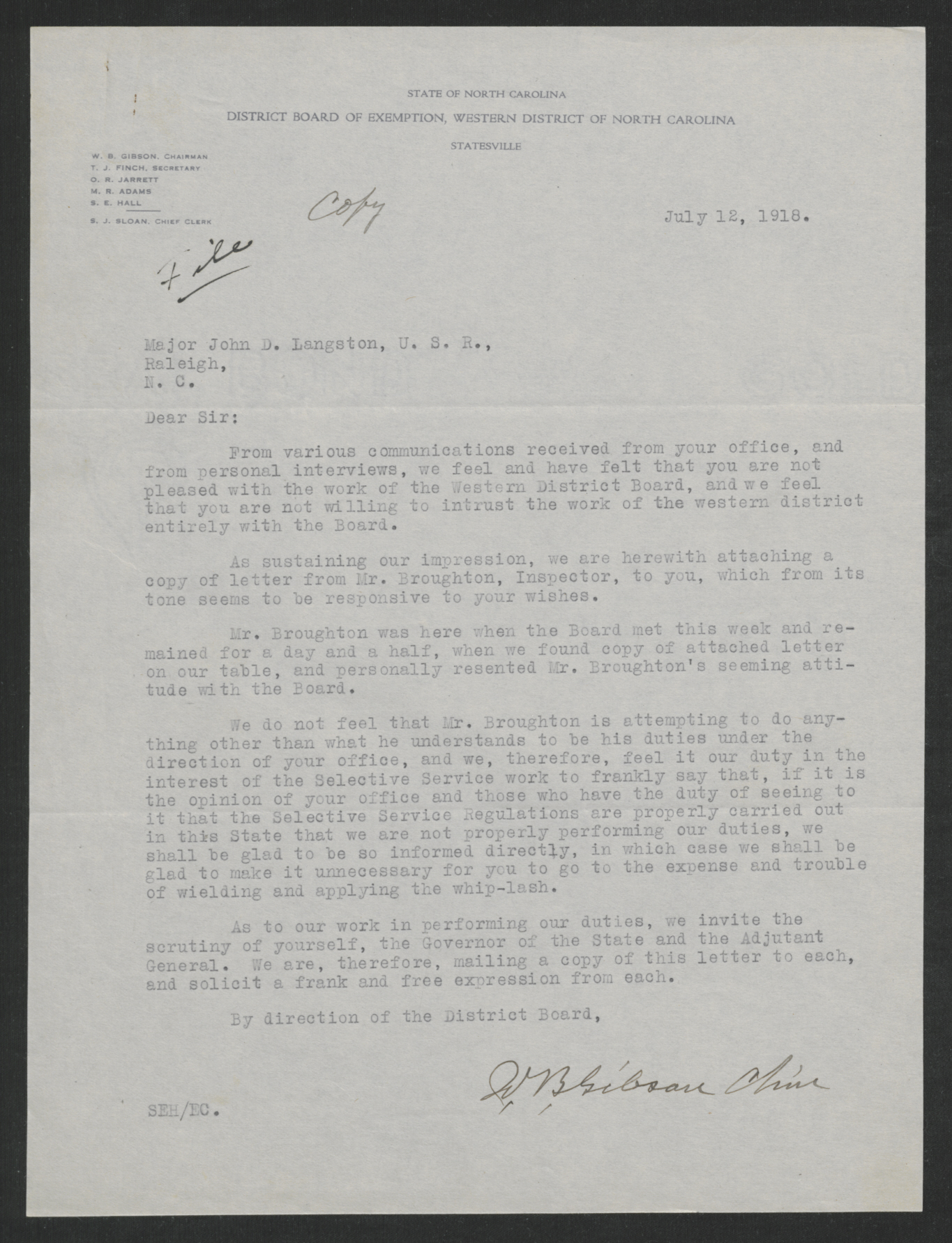 Letter from William B. Gibson to John D. Langston, July 12, 1918