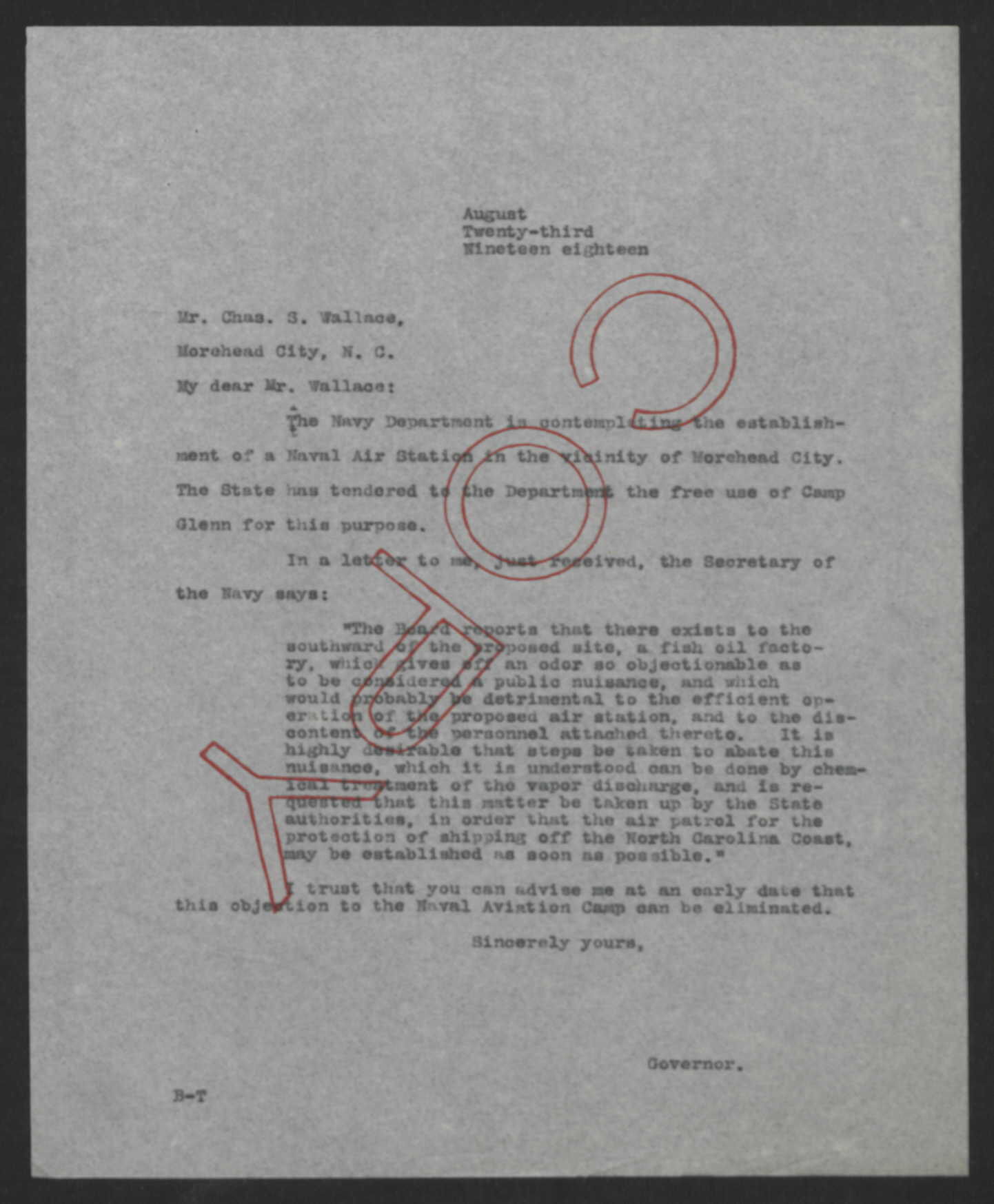 Letter from Thomas W. Bickett to Charles S. Wallace, August 23, 1918