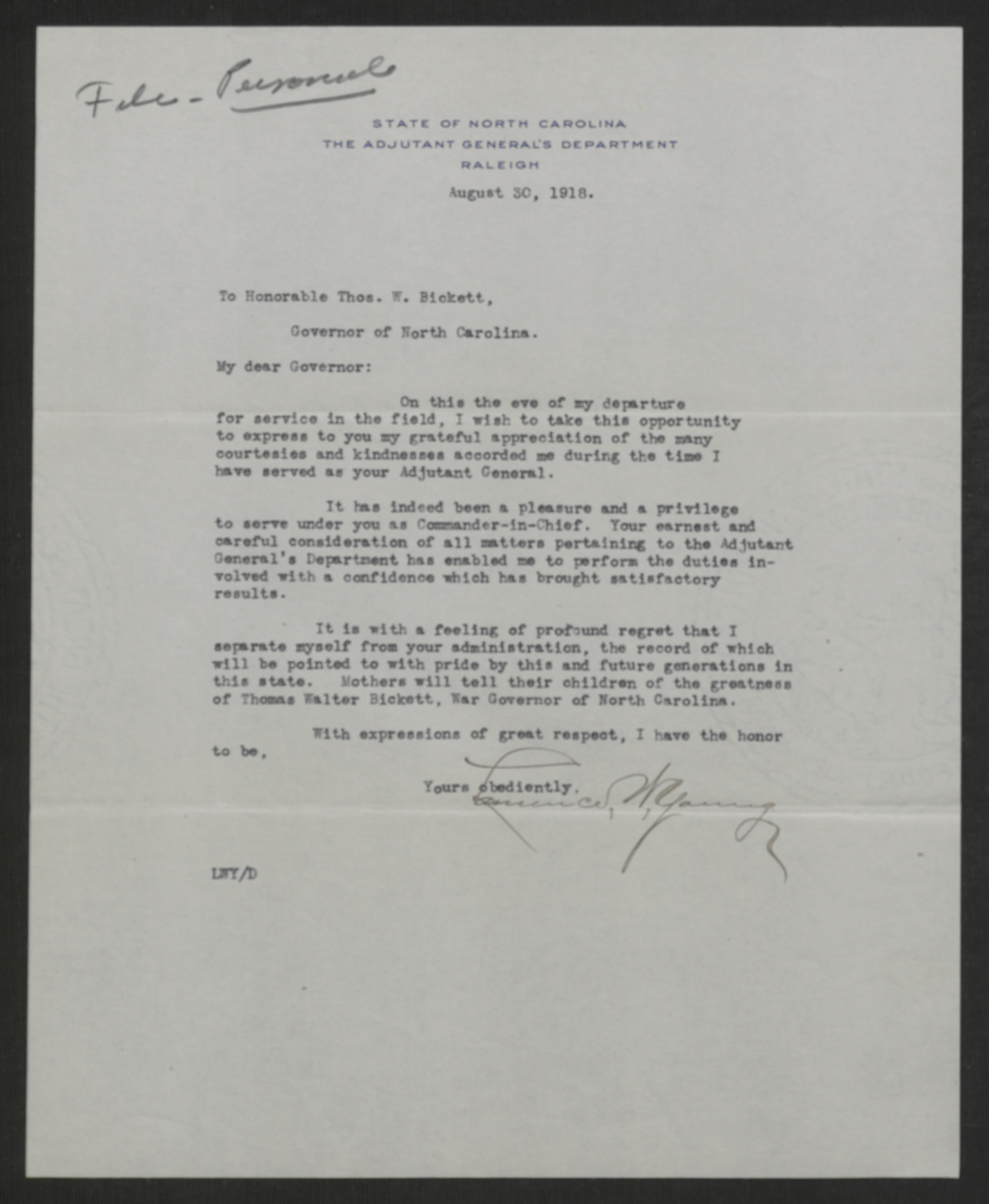 Letter from Laurence W. Young to Thomas W. Bickett, August 30, 1918