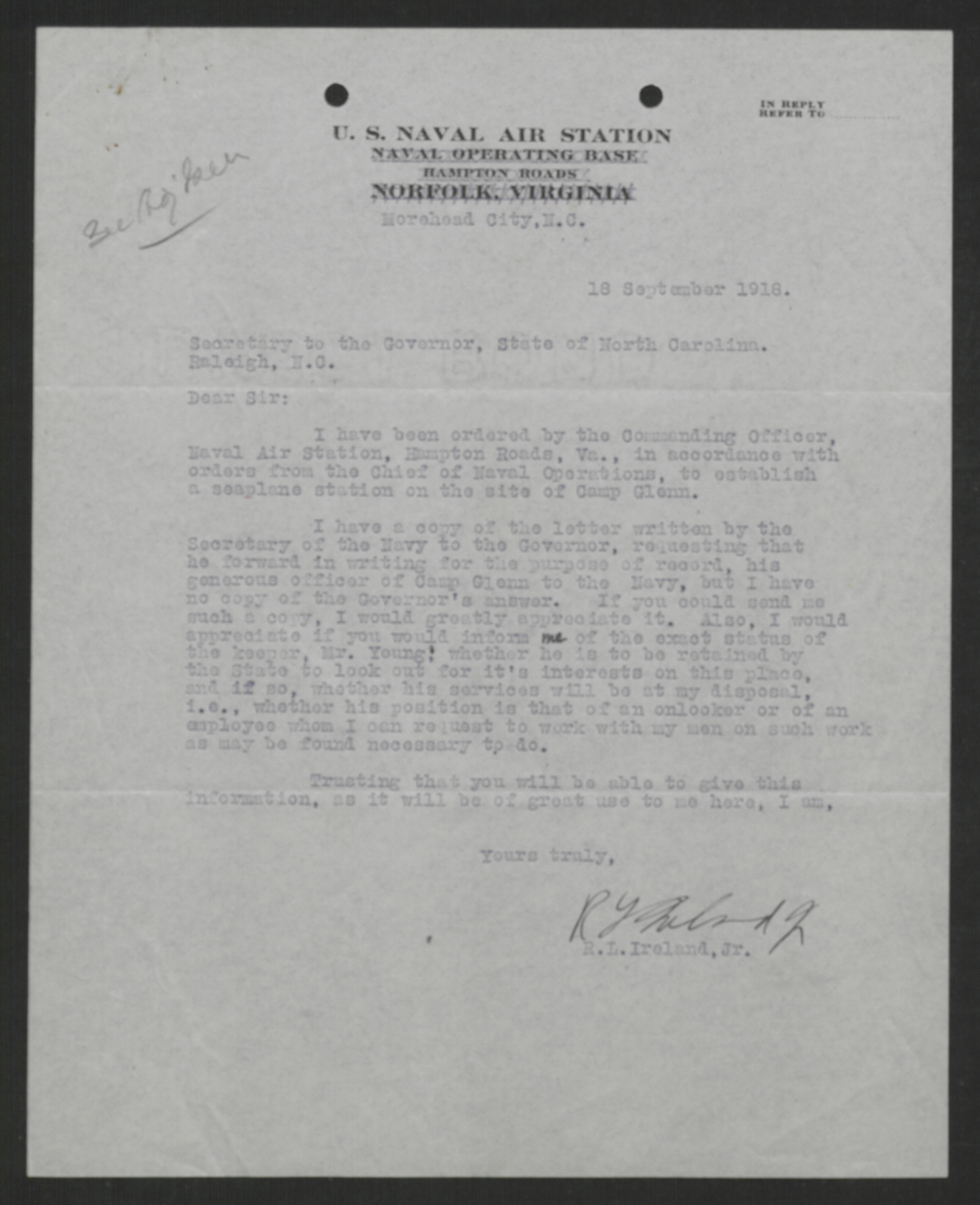 Letter from R. L. Ireland, Jr., to Santford Martin, September 18, 1918