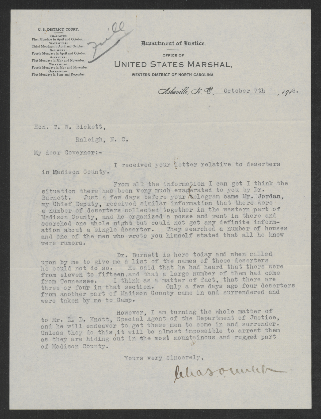 Letter from Charles A. Webb to Thomas W. Bickett, October 7, 1918