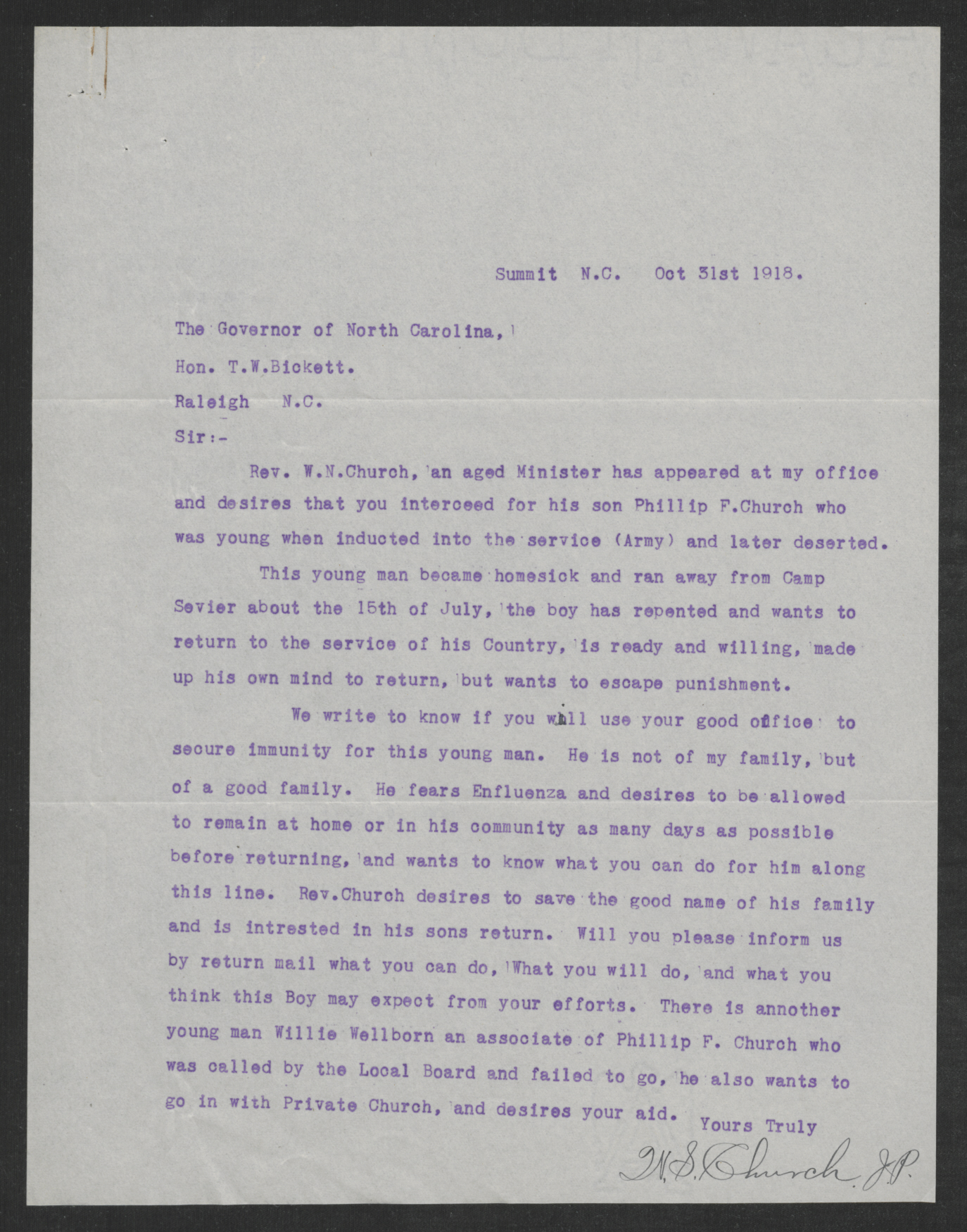 Letter from Winfield S. Church to Thomas W. Bickett, October 31, 1918, page 1