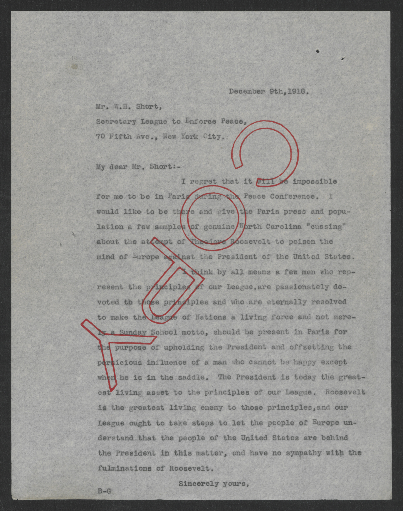 Letter from Thomas W. Bickett to William H. Short, December 9, 1918