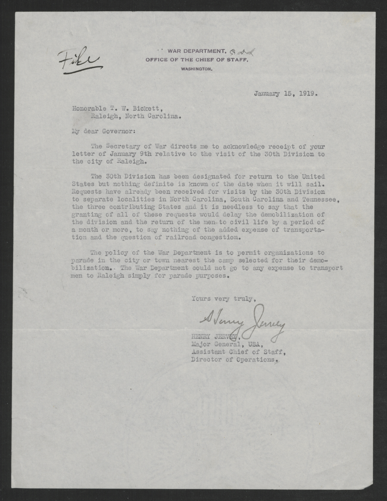 Letter from Henry Jervey to Thomas W. Bickett, January 15, 1919