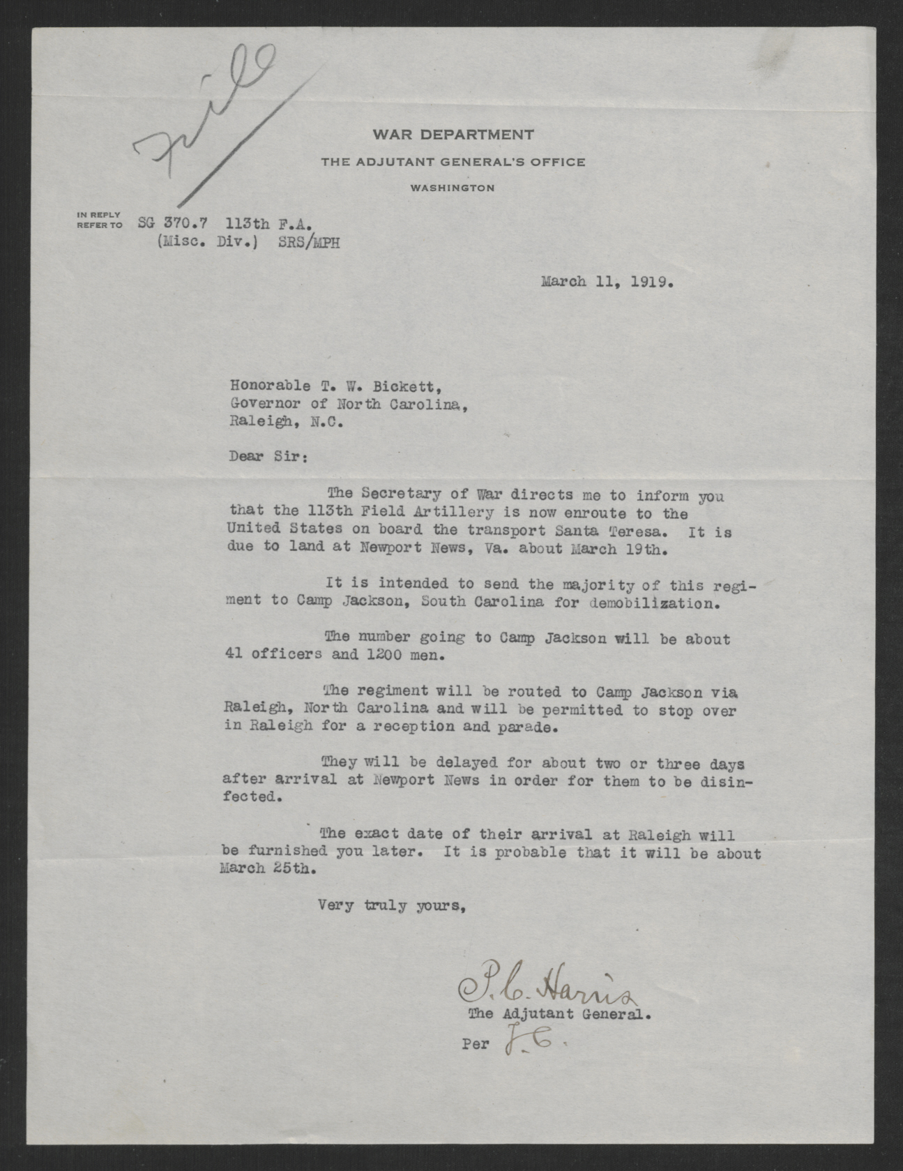 Letter from Peter C. Harris to Thomas W. Bickett, March 11, 1919
