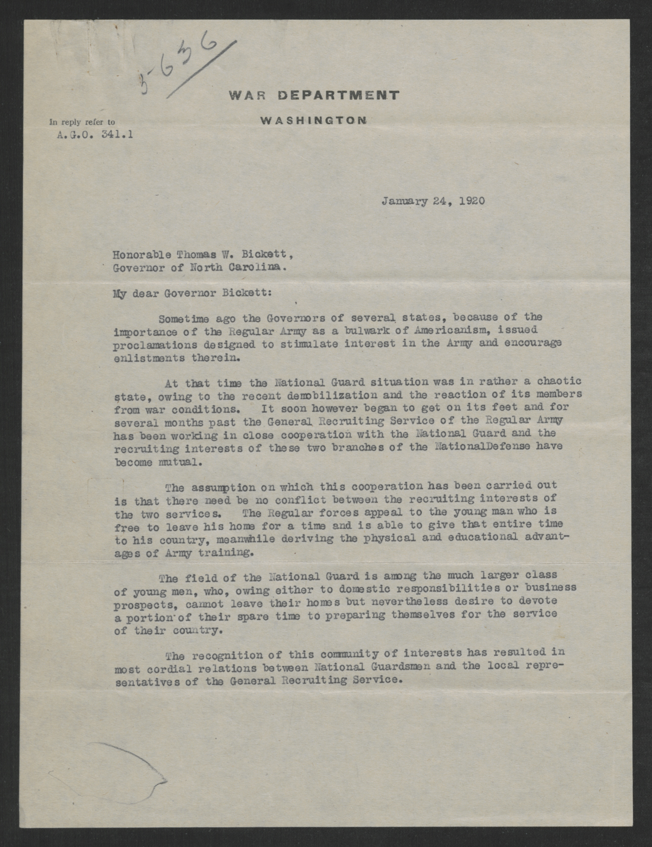 Letter from Newton D. Baker to Thomas W. Bickett, January 24, 1920, page 1