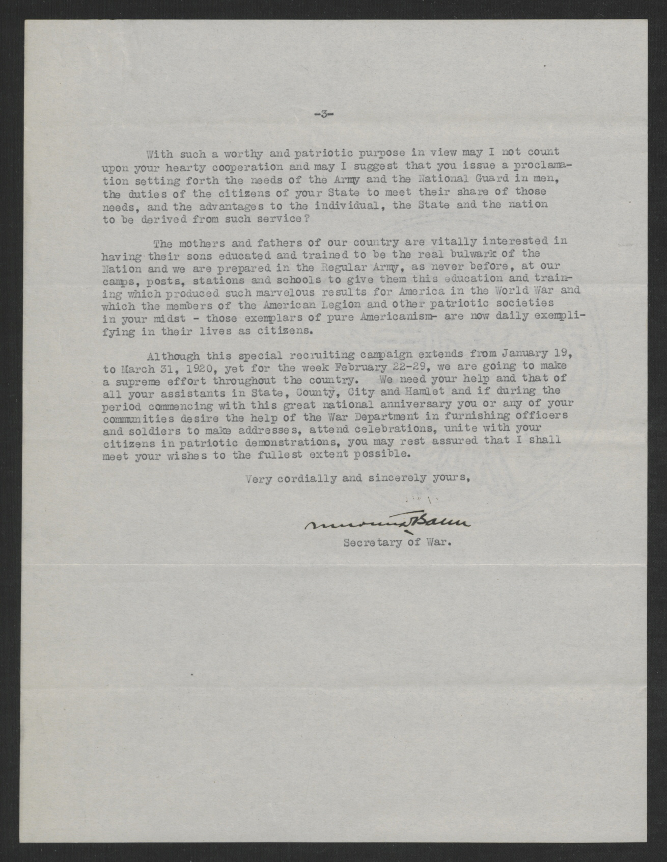 Letter from Newton D. Baker to Thomas W. Bickett, January 24, 1920, page 3