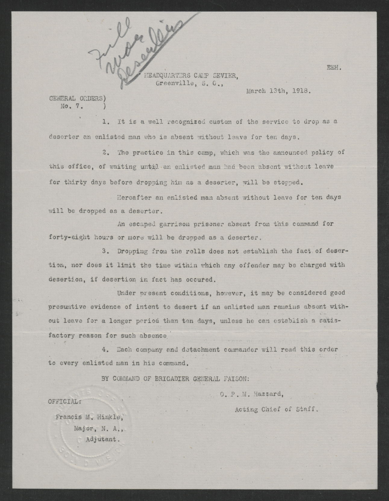 General Orders No. 7, March 13, 1918