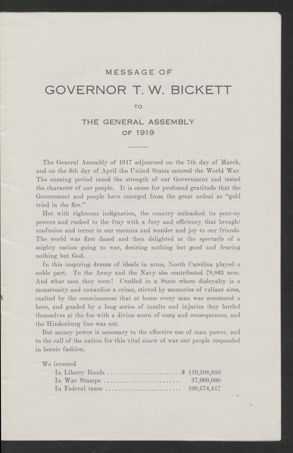 Biennial Message of Governor Thomas W. Bickett to the General Assembly, January 9, 1919, page 1