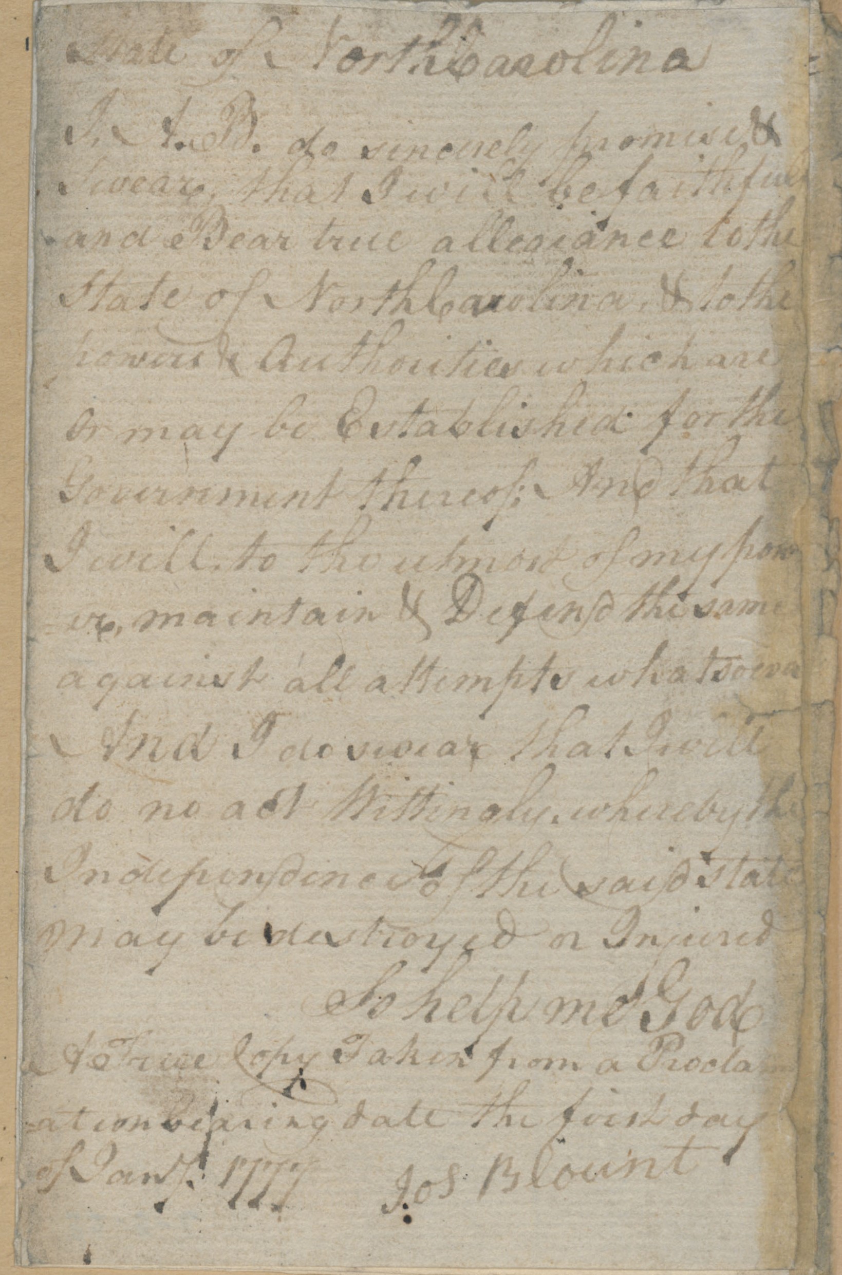 Oath of Allegiance to the State of North Carolina from Joseph Blount, 1 January 1777