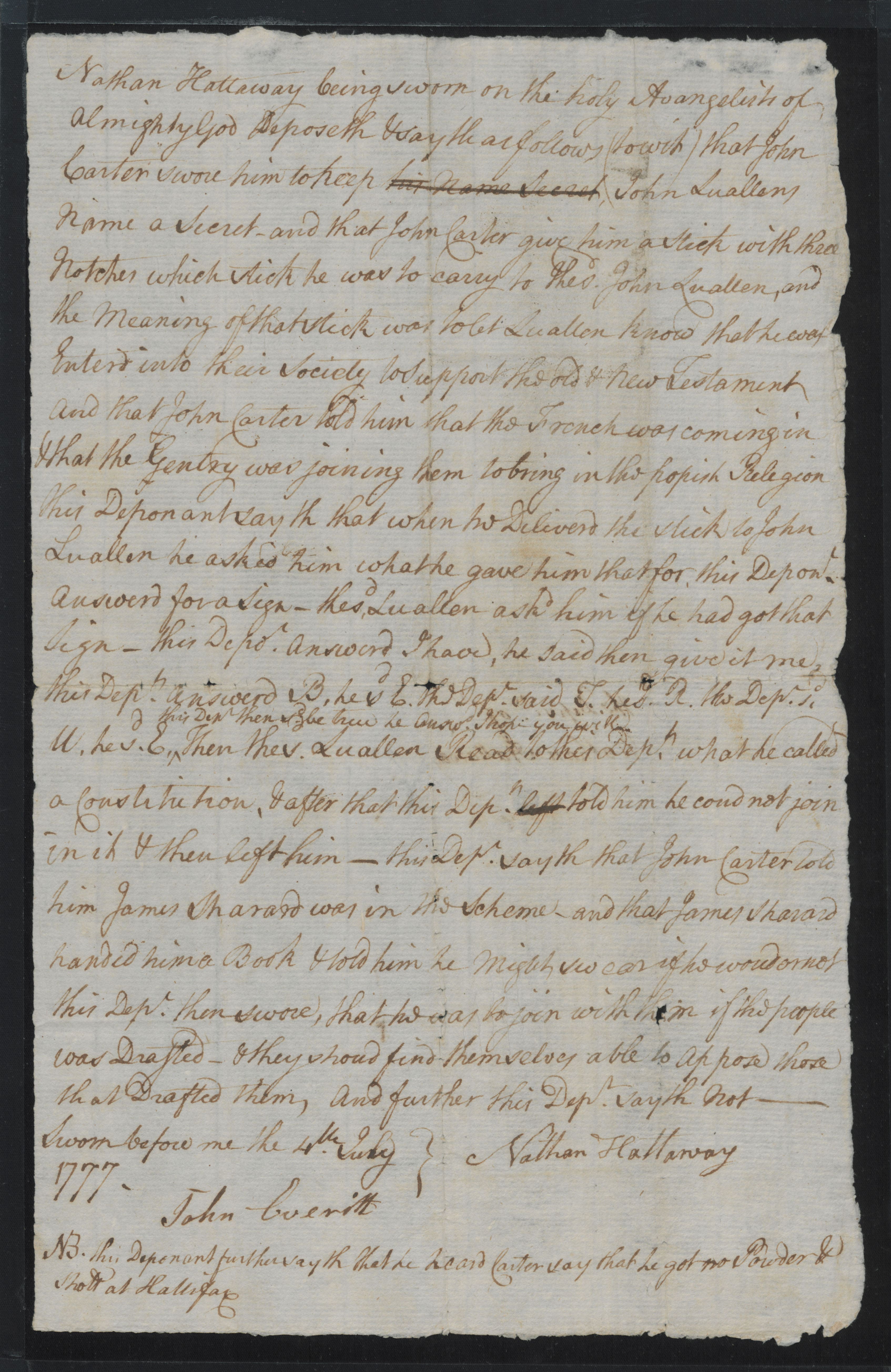 Deposition of Nathan Hallaway, 4 July 1777, page 1