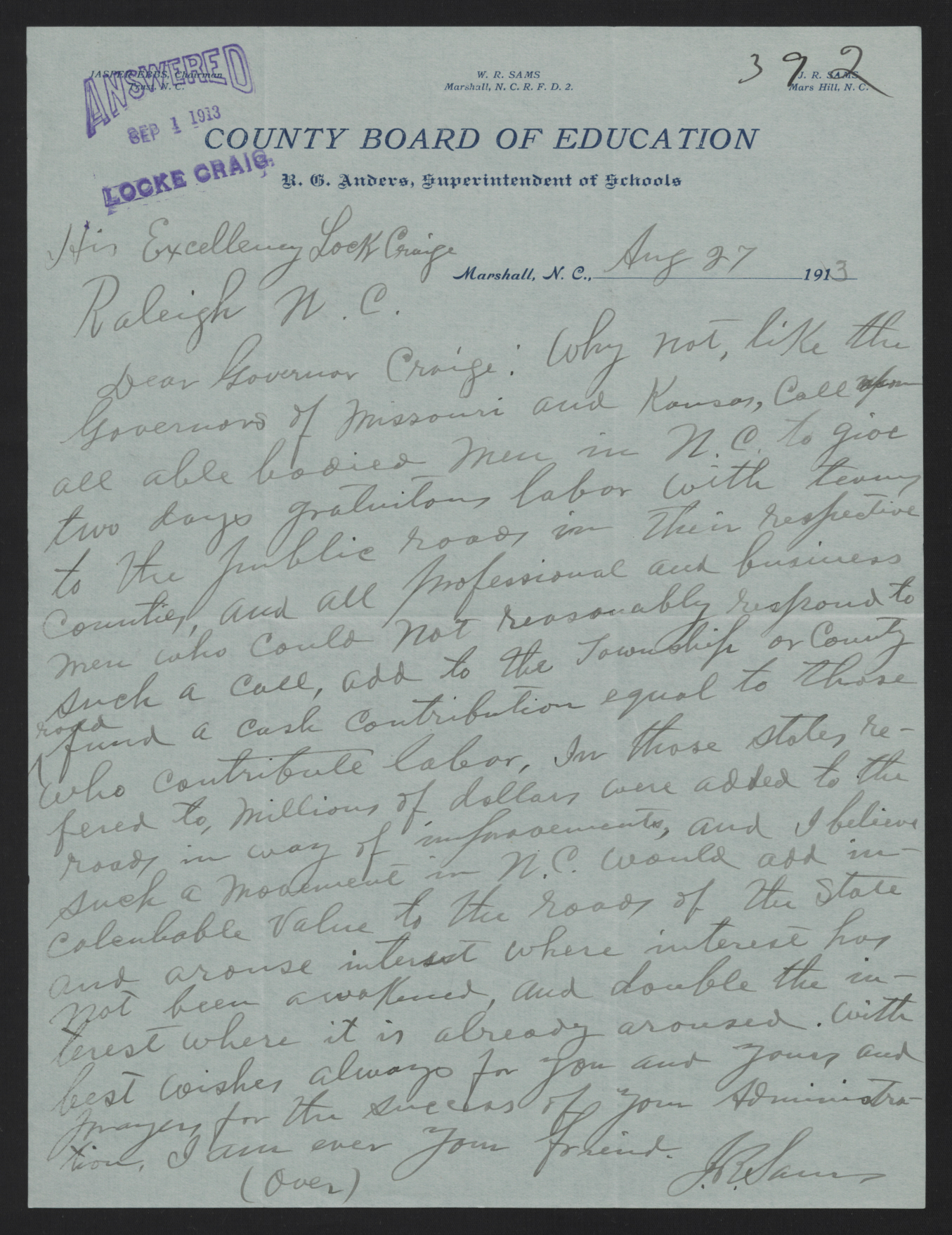 Letter from Sams to Craig, August 27, 1913, page 1