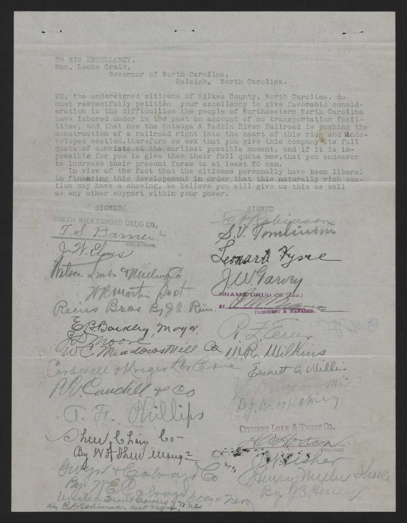 Petition from Wilkes County Business Leaders to Locke Craig, April 1914, page 1