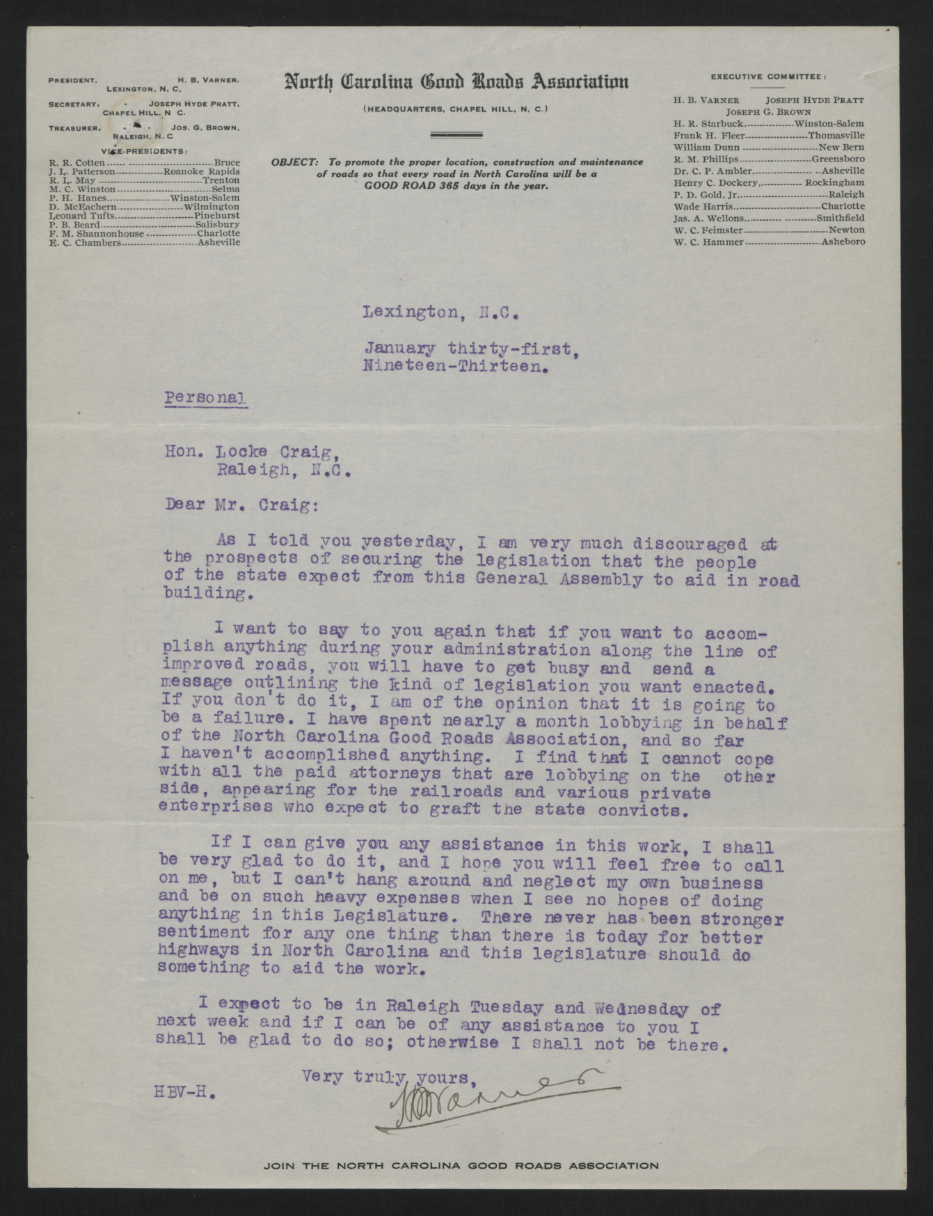 Letter from Varner to Craig, January 31, 1913