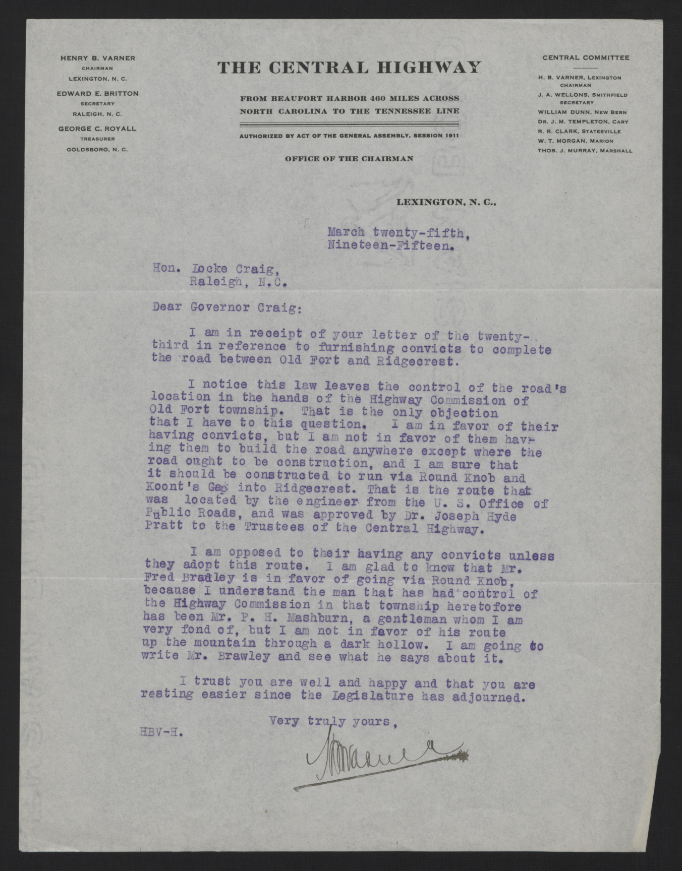 Letter from Varner to Craig, March 25, 1915