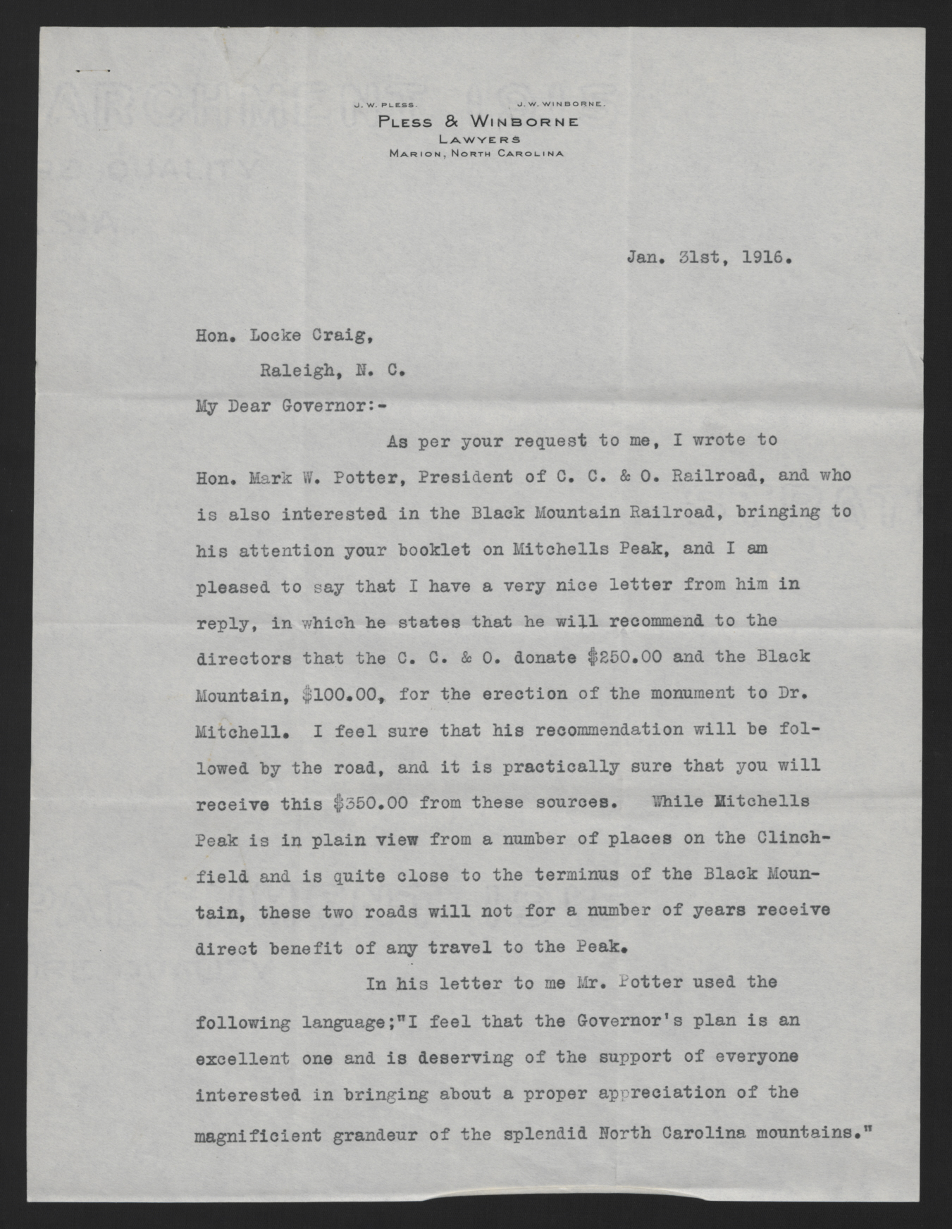 Letter from Pless to Craig, January 31, 1916, page 1
