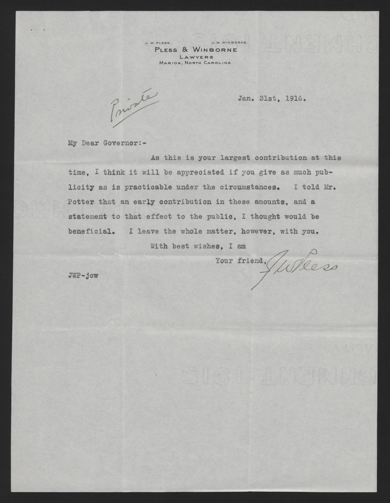 Letter from Pless to Craig, January 31, 1916