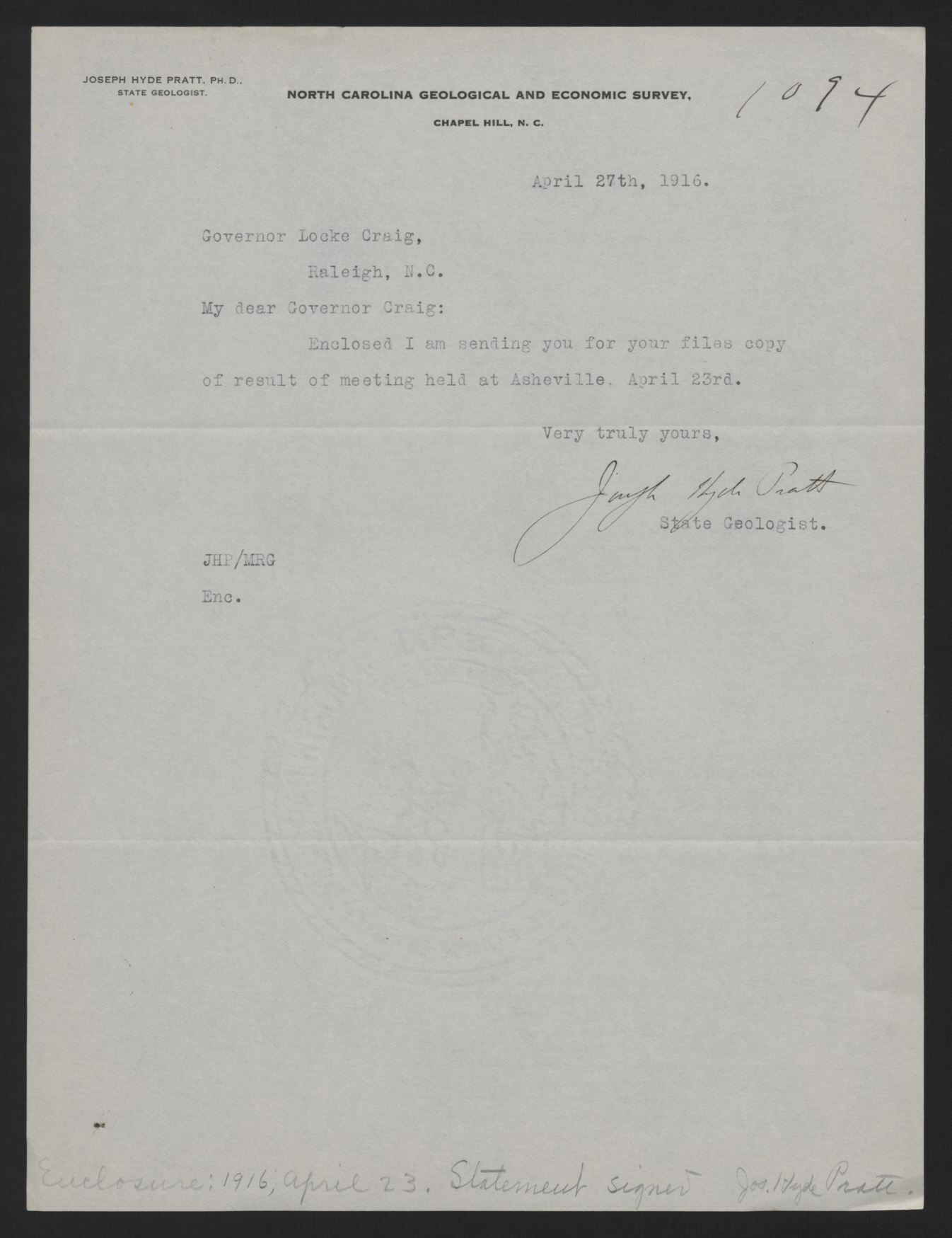 Letter from Pratt to Craig, April 27, 1916