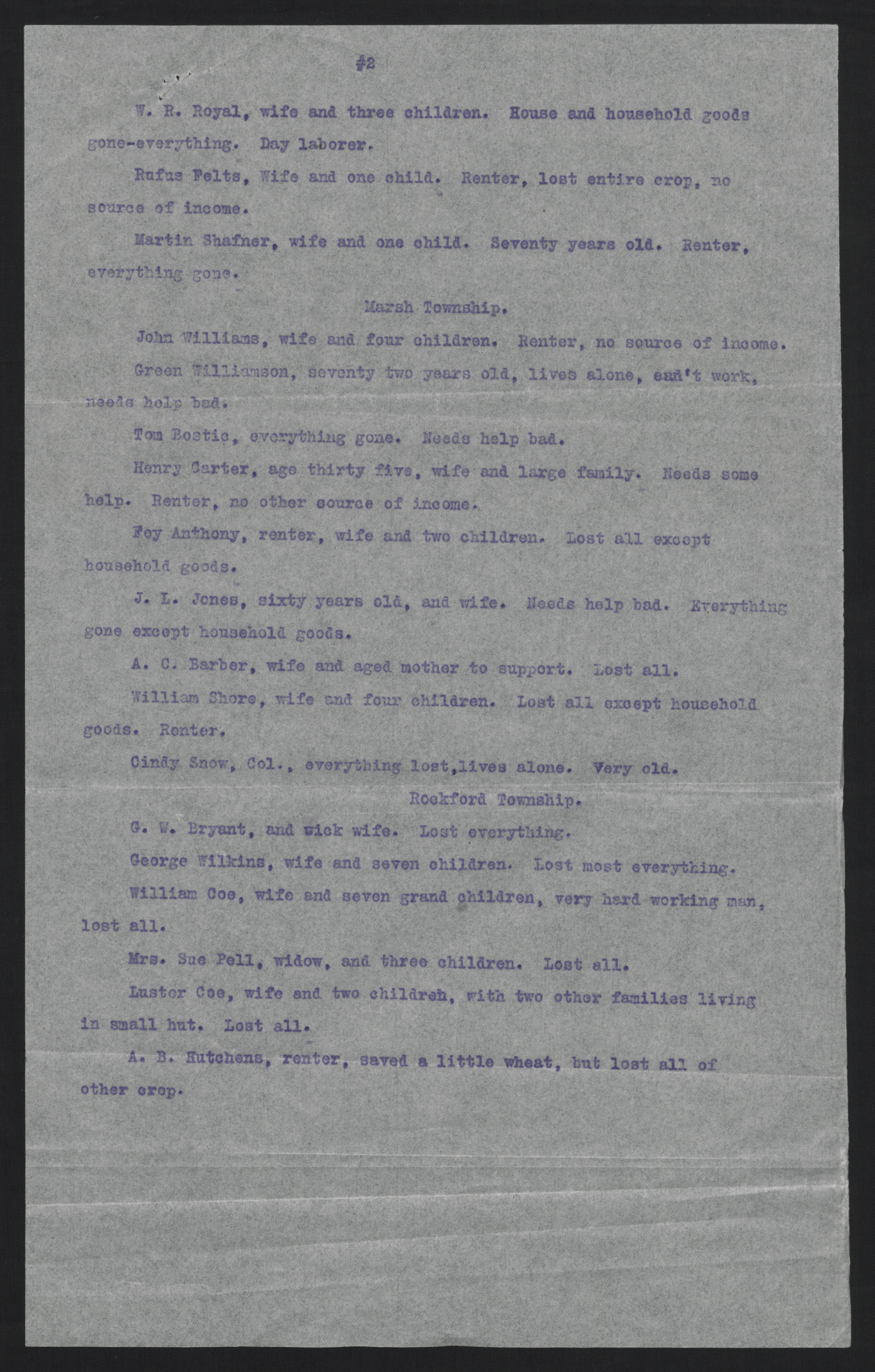 List of Residents in Surry County Impacted by the 1916 Flood, circa August 1916, page 2