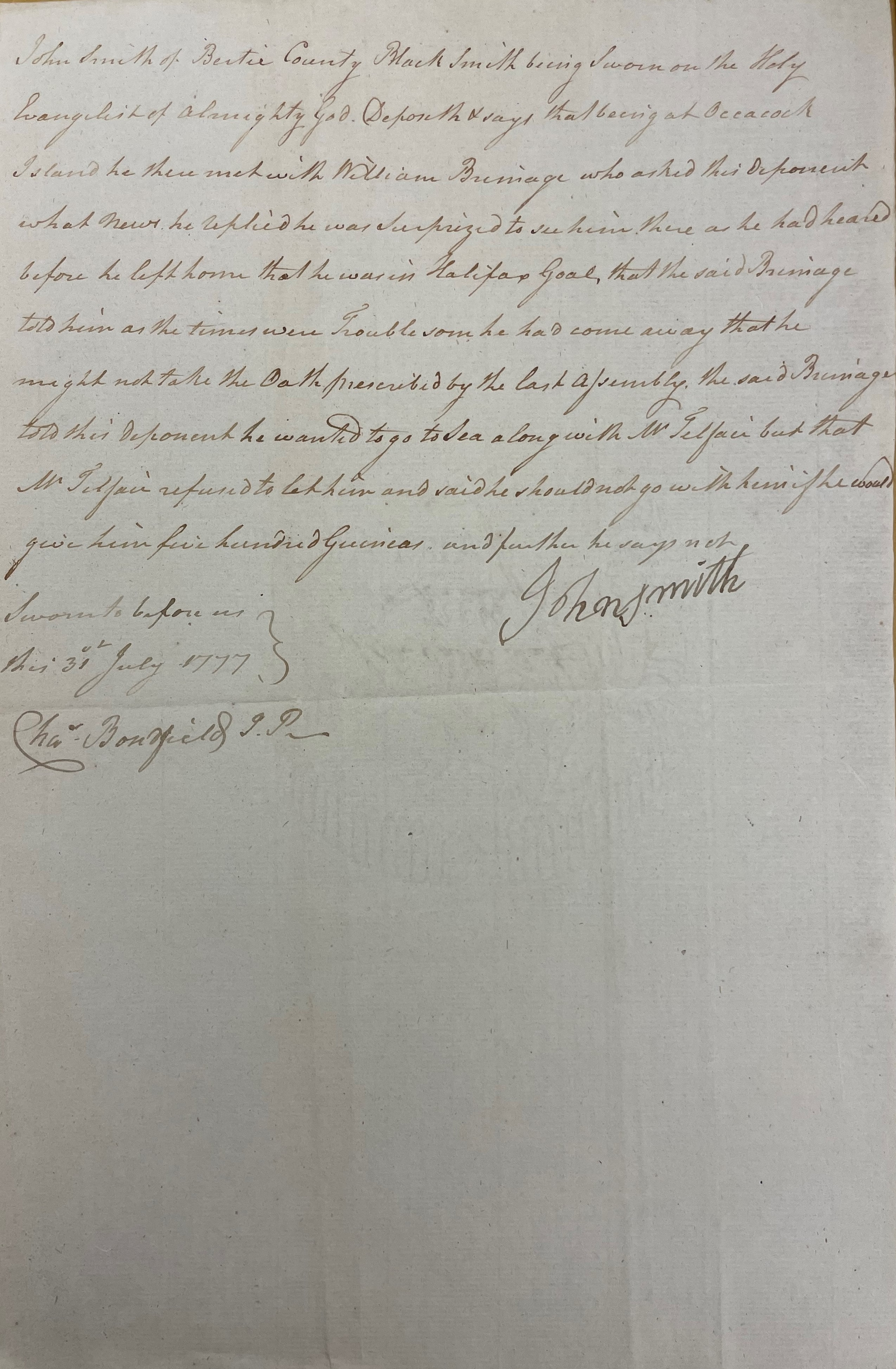 Deposition of John Smith, 31 July 1777, page 1