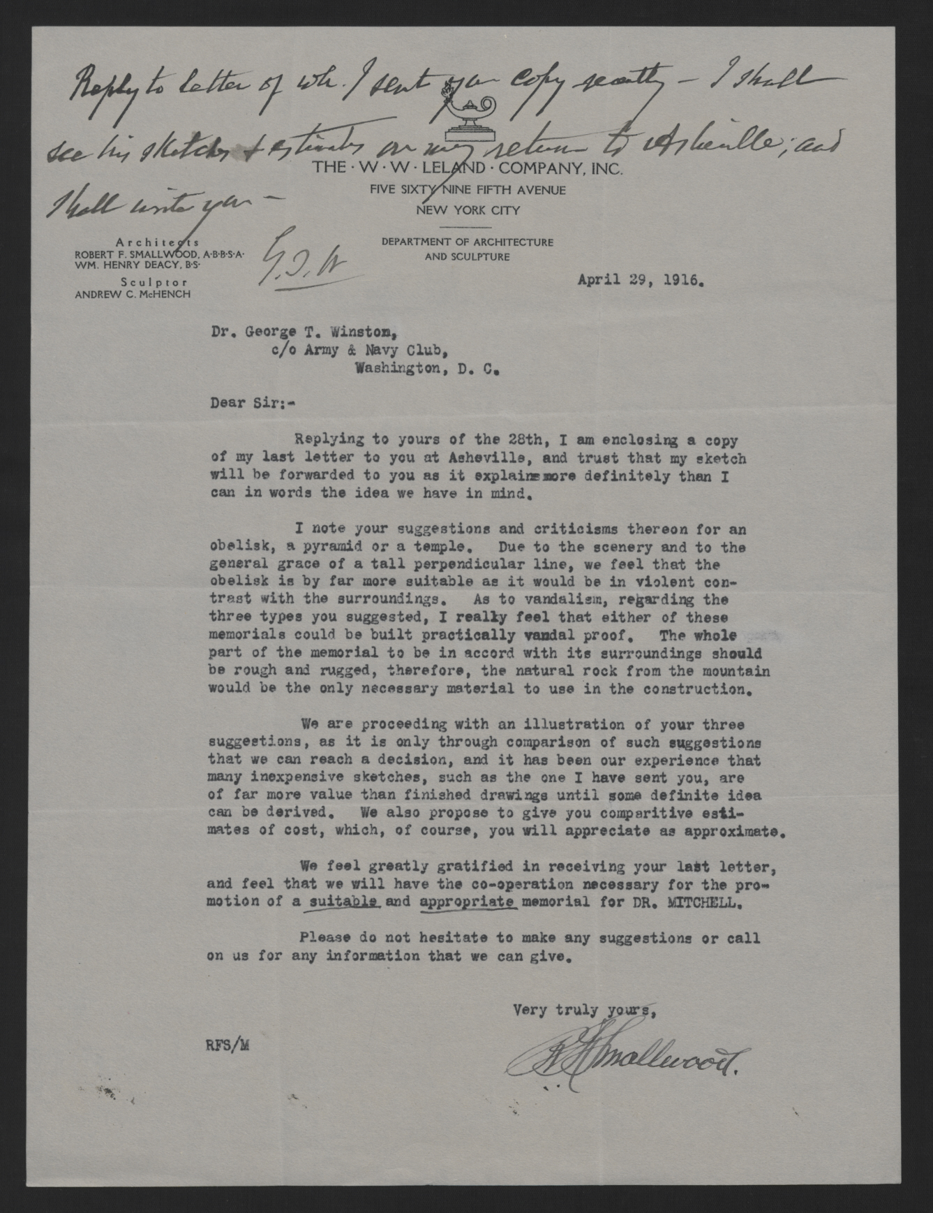 Letter from Smallwood to Winston, April 29, 1916