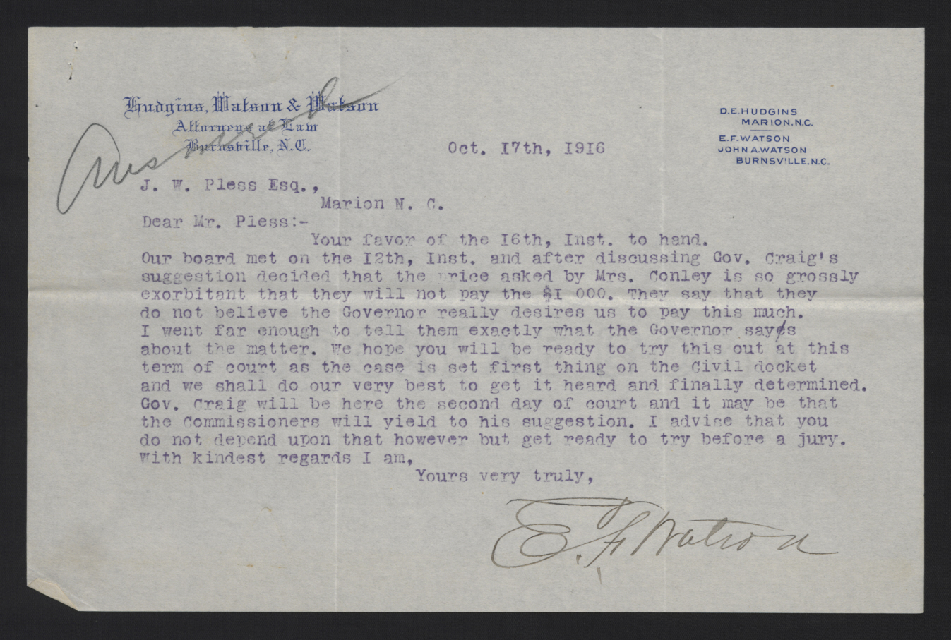Letter from Watson to Pless, October 17, 1916