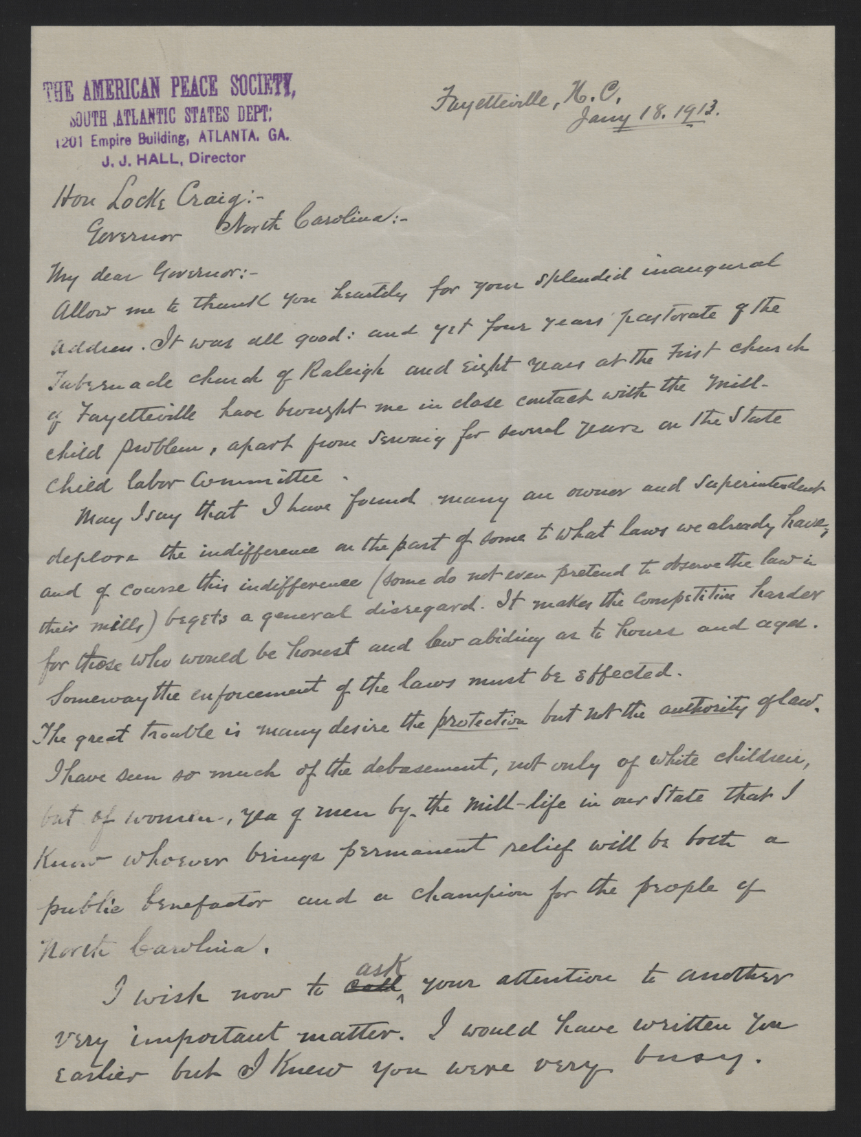 Letter from Hall to Craig, January 18, 1913, page 1