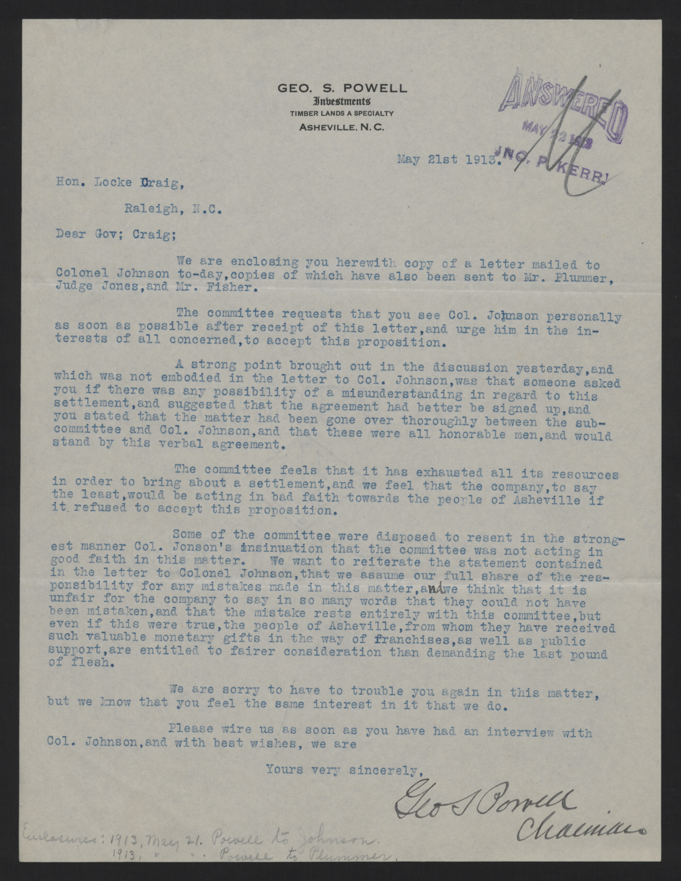 Letter from Powell to Craig, May 21, 1913