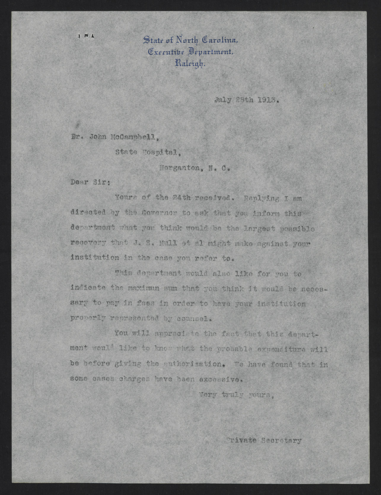 Letter from Kerr to McCampbell, July 28, 1913