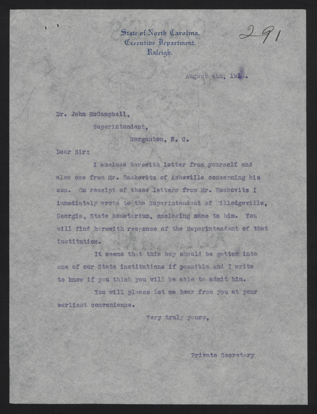 Letter from Kerr to McCampbell, August 4, 1913