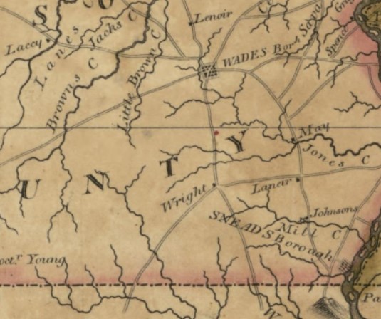 1808 Price and Strother map indicating the approximate location of the Jackson and Hill homesteads