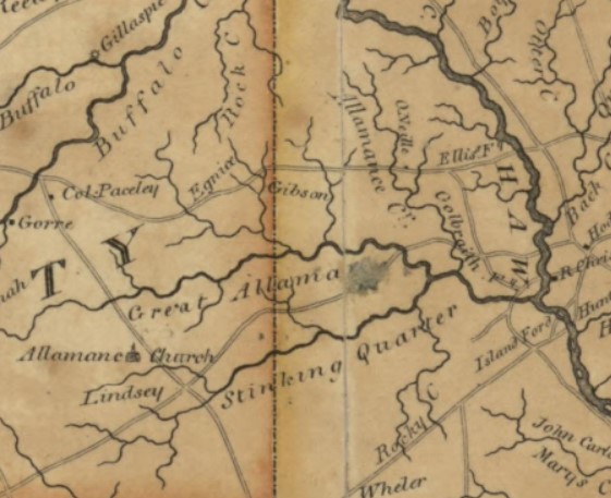 1808 Price and Strother map indicating the approximate location of the Ray homestead