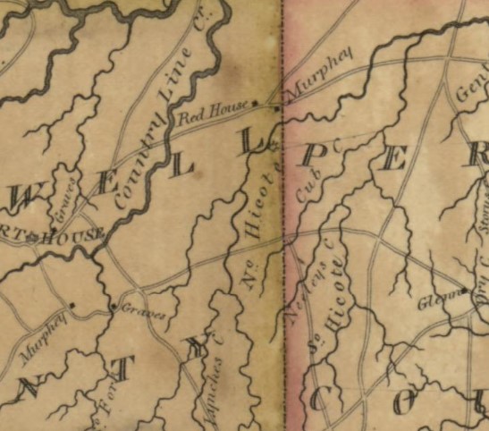 1808 Price and Strother map indicating the location of the Red House and Archibald Murphy's home.