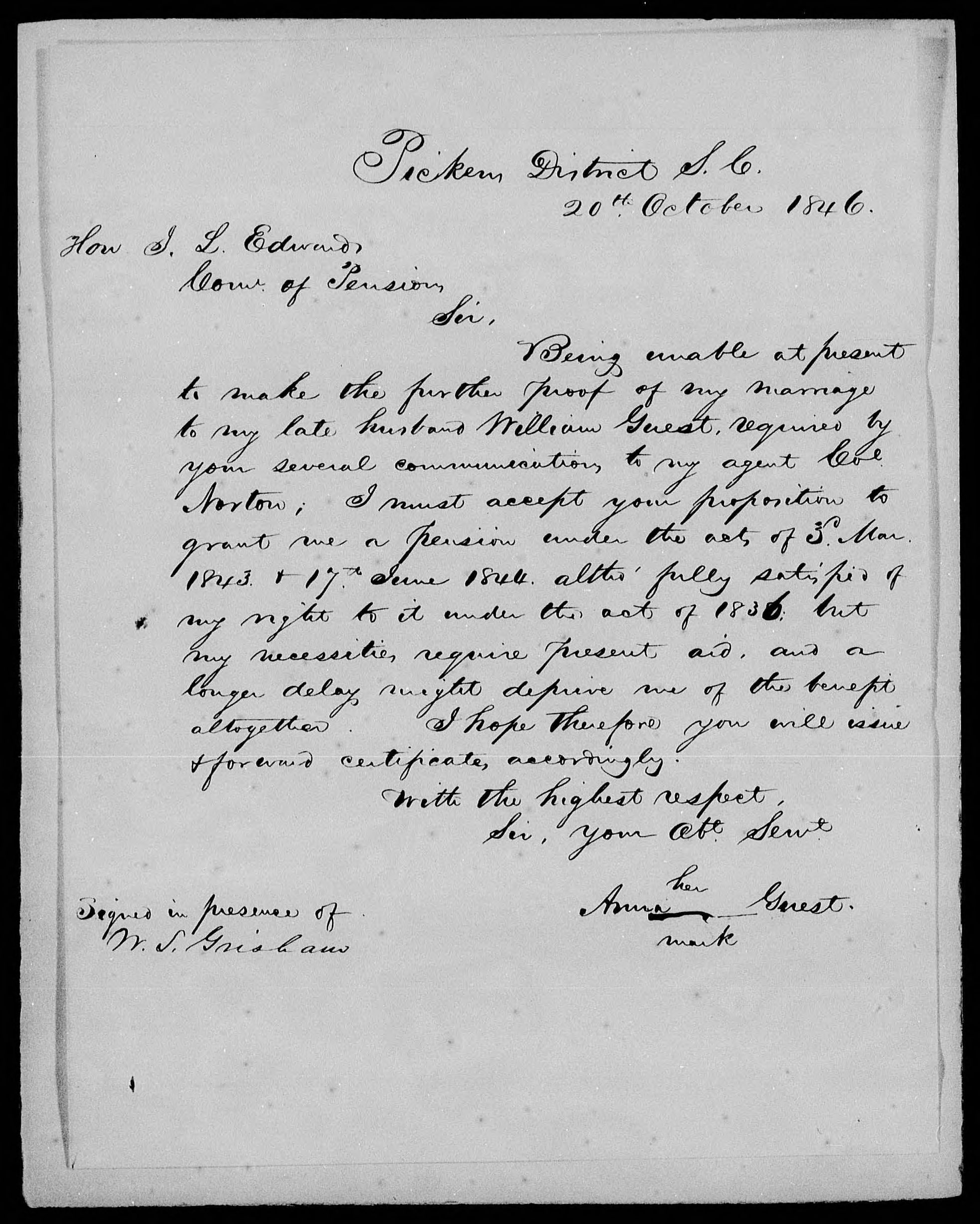 Letter from Anna Guest to James L. Edwards, 20 October 1846