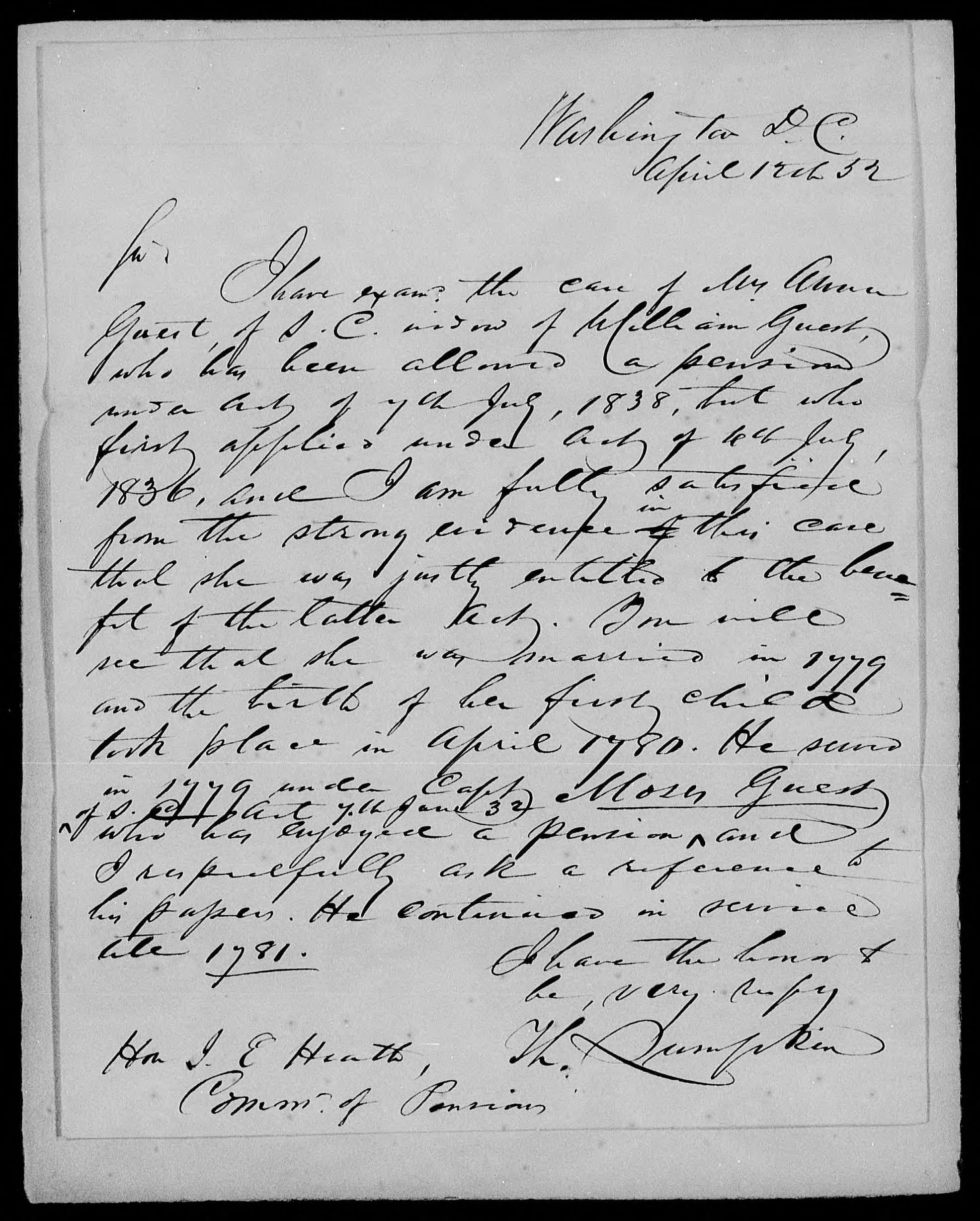 Letter from Thomas Lumpkin to James Ewell Heath, 12 April 1852, page 1