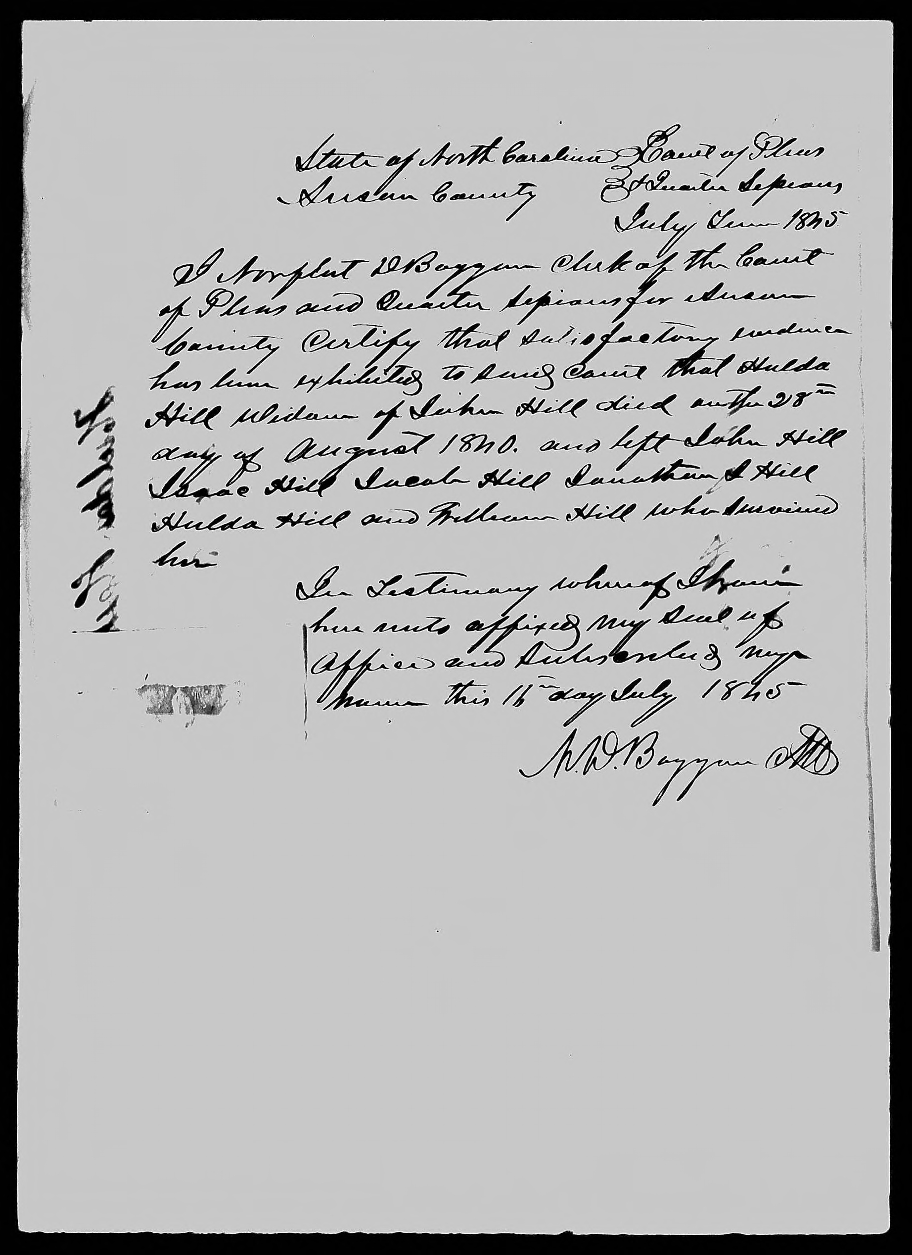Proof of Death for Huldah Hill, circa July 1845