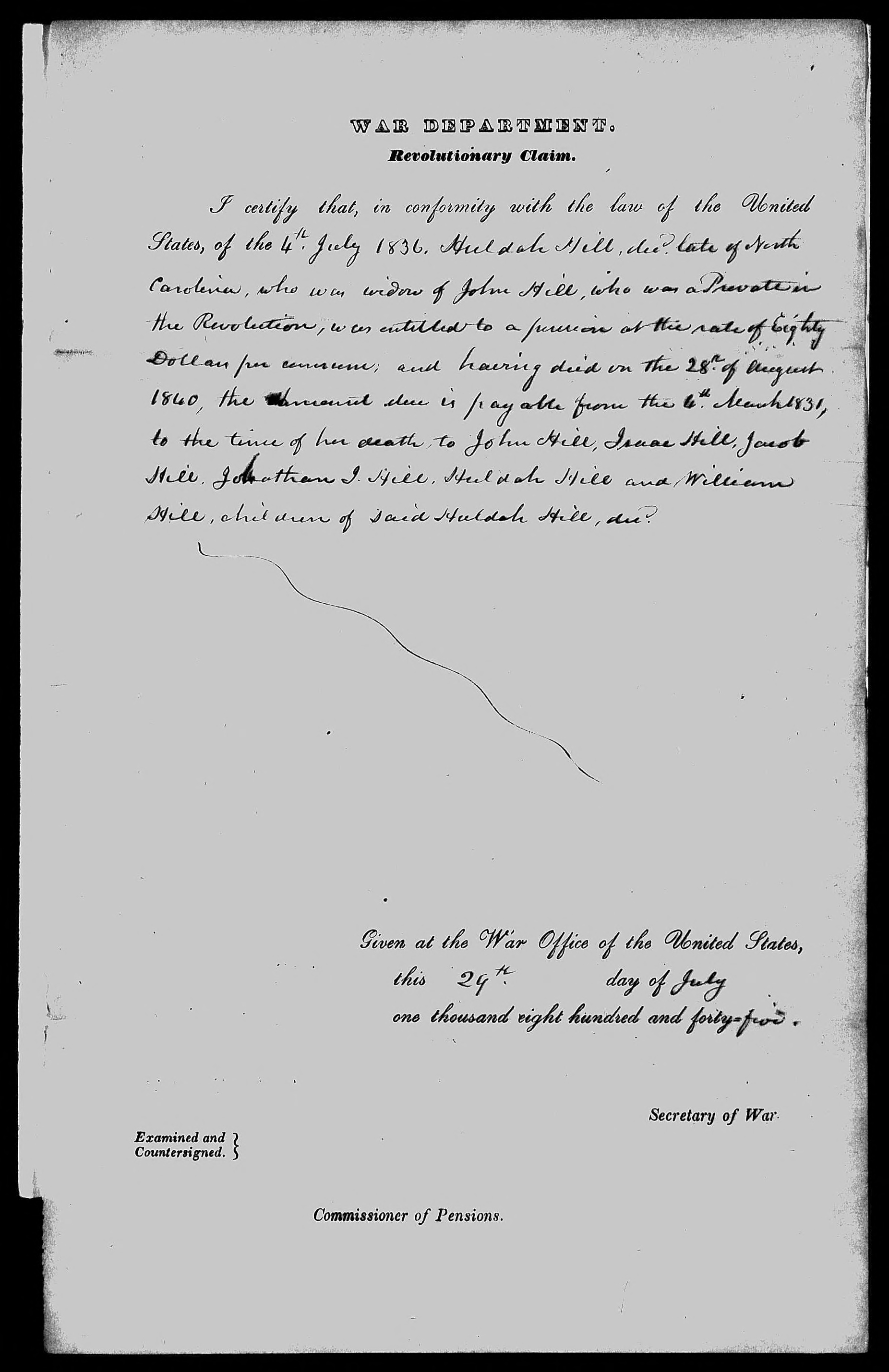 Order from William Learned Marcy on the Pension Claim of Huldah Hill, 29 July 1845