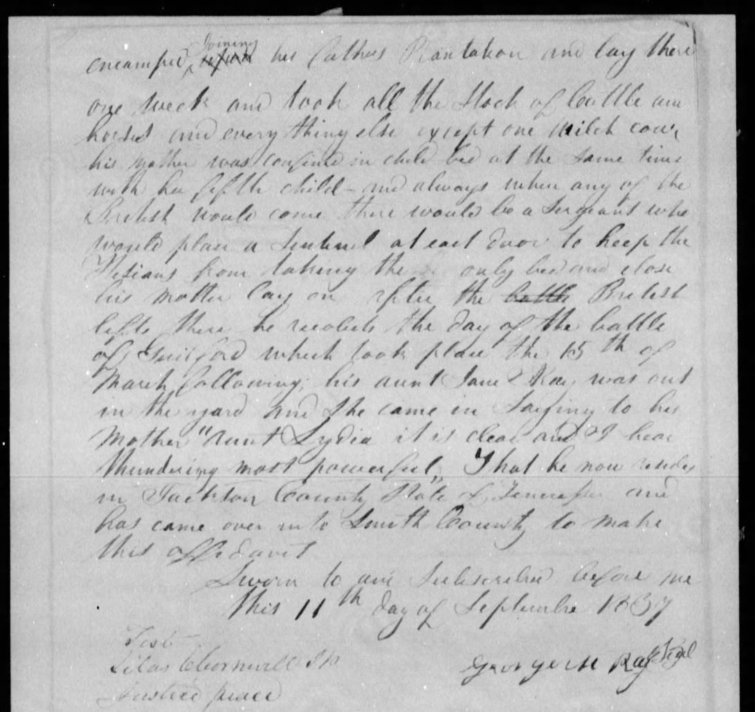 Affidavit of George M. Ray in support of a Pension Claim for Lydia Ray, circa 11 September 1837, page 2