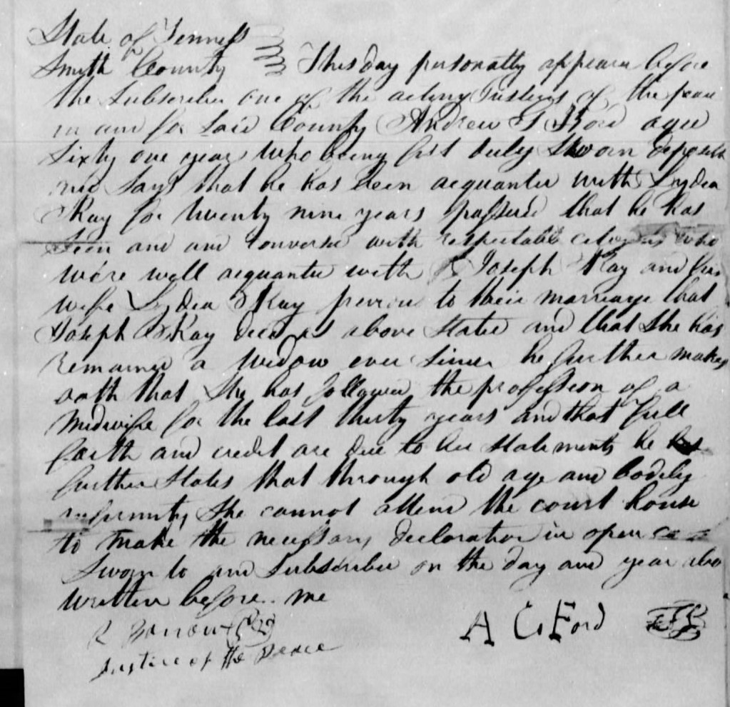 Affidavit of Andrew G. Ford in support of a Pension Claim for Lydia Ray, circa 10 February 1837