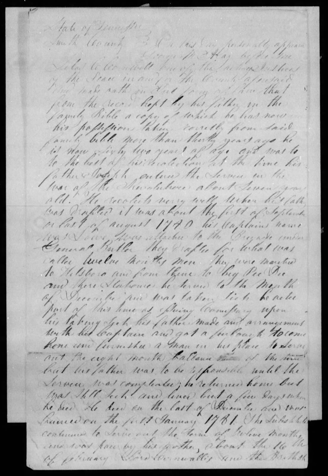 Affidavit of George M. Ray in support of a Pension Claim for Lydia Ray, circa 11 September 1837, page 1