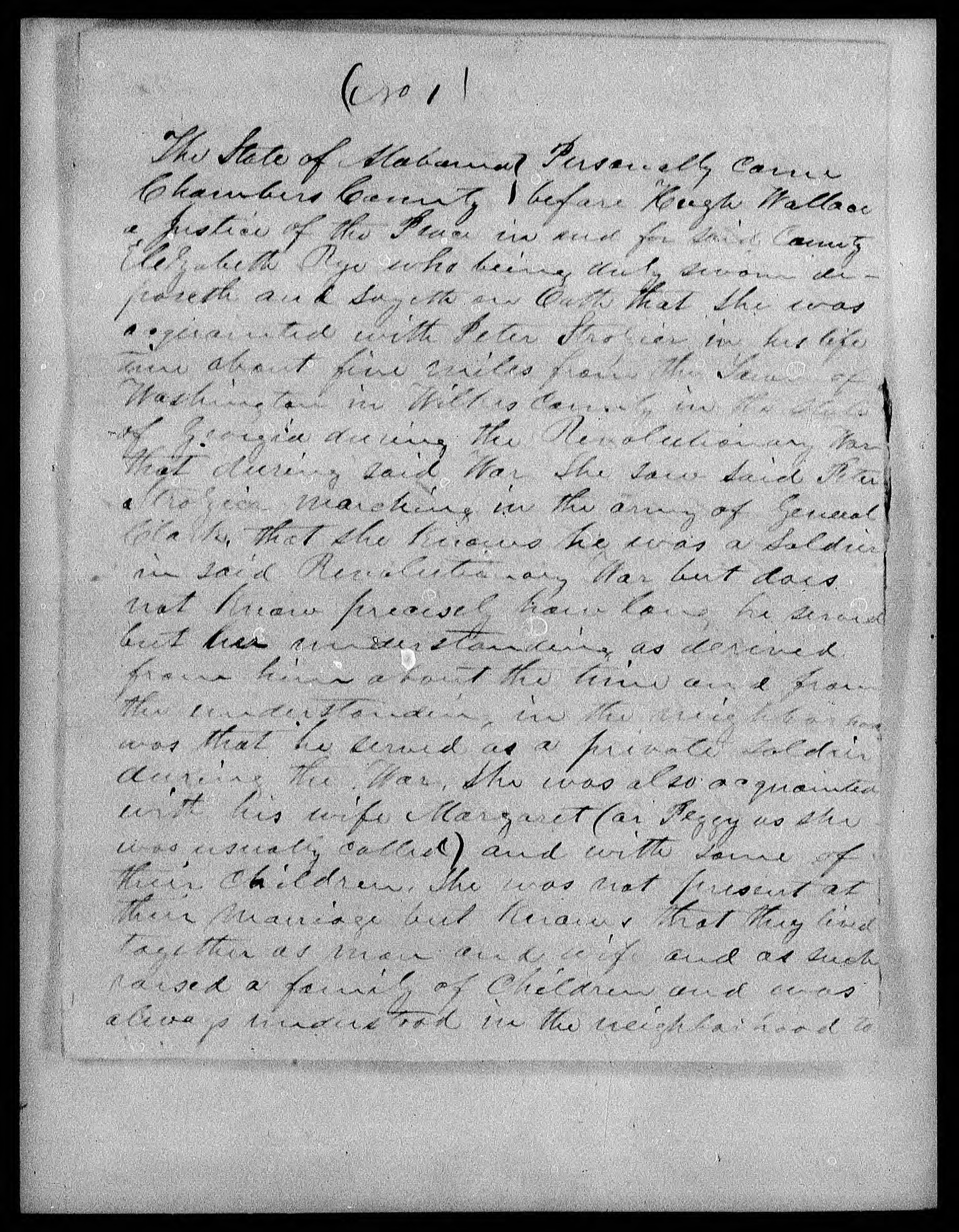 Affidavit of Elizabeth Rye in support of a Pension Claim for Margaret Strozier, 5 July 1853, page 1