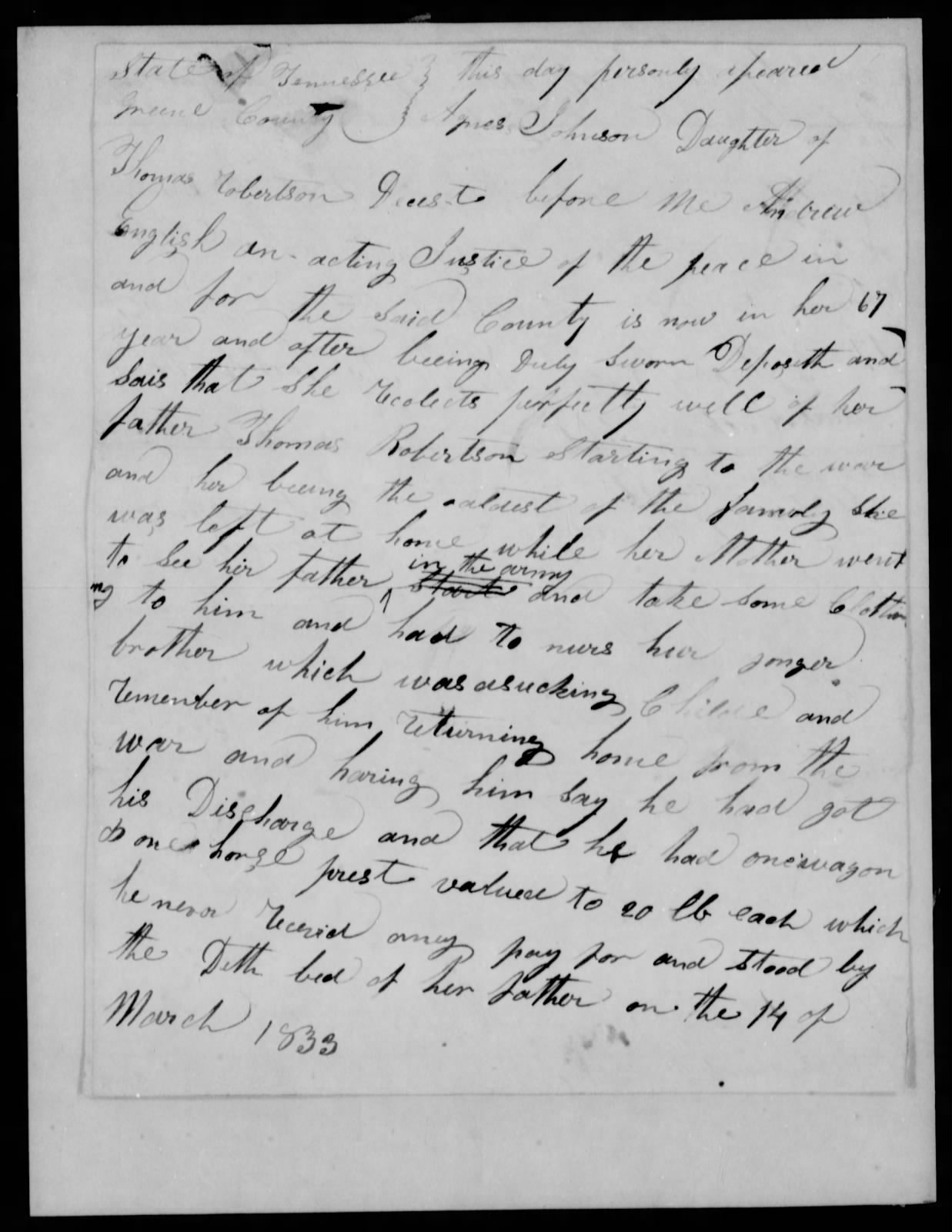 Affidavit of Agnes Johnson in support of a Pension Claim for Mary Robison, 17 February 1835, page 1