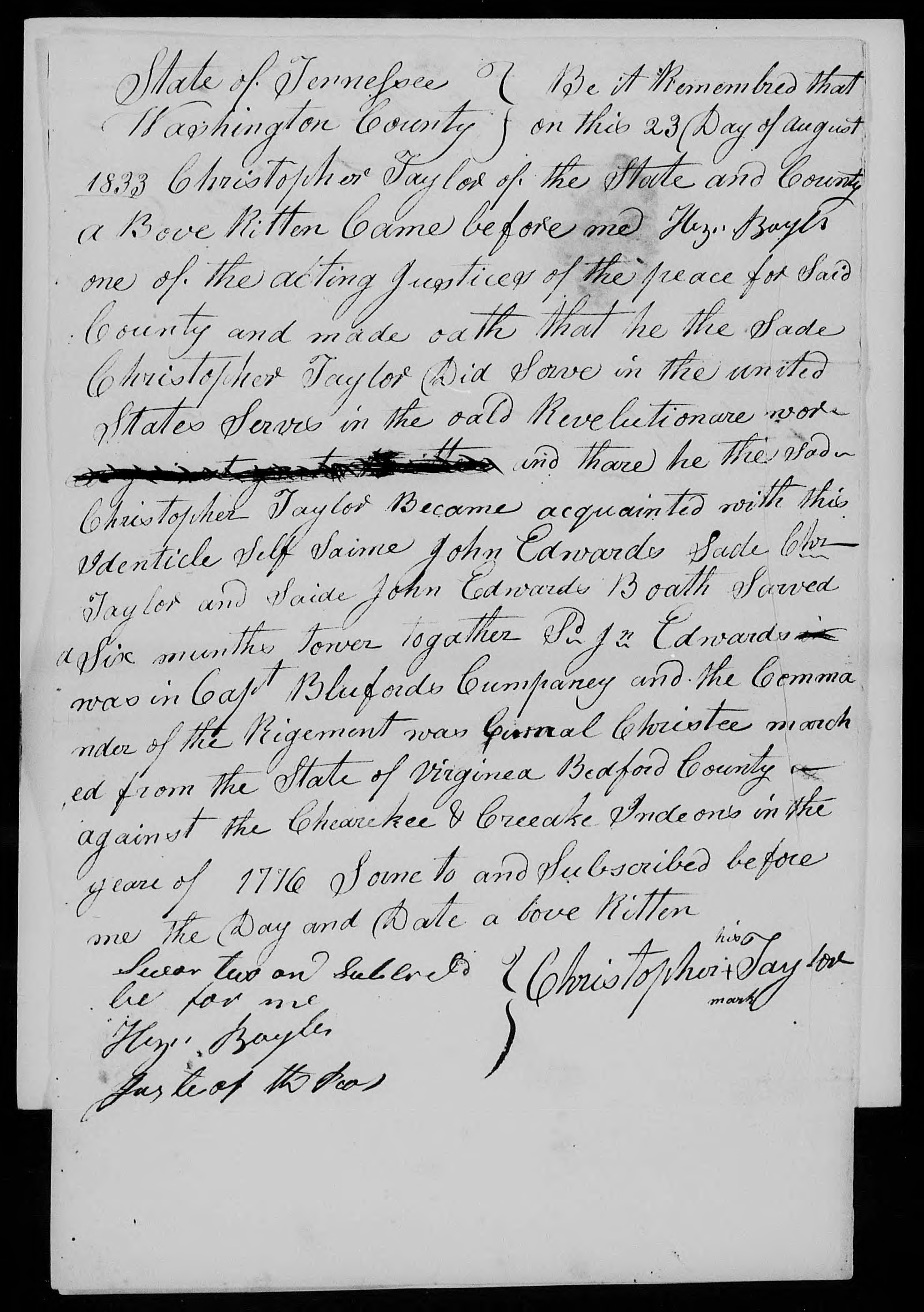 Affidavit of Christopher Taylor in support of a Pension Claim for John Edwards, 23 August 1833