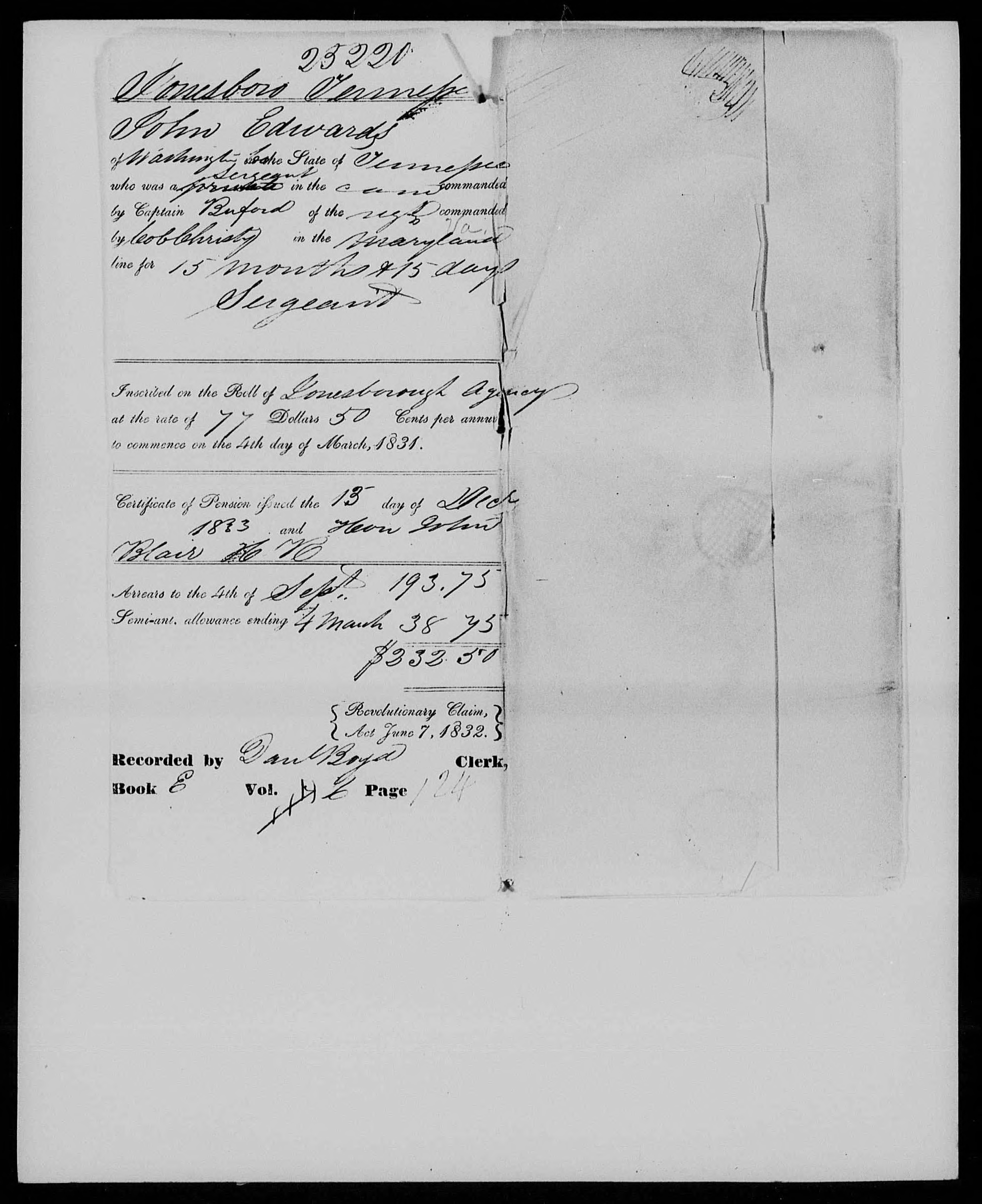 Docket for Pension from the U.S. Pension Office for John Edwards, 13 December 1833
