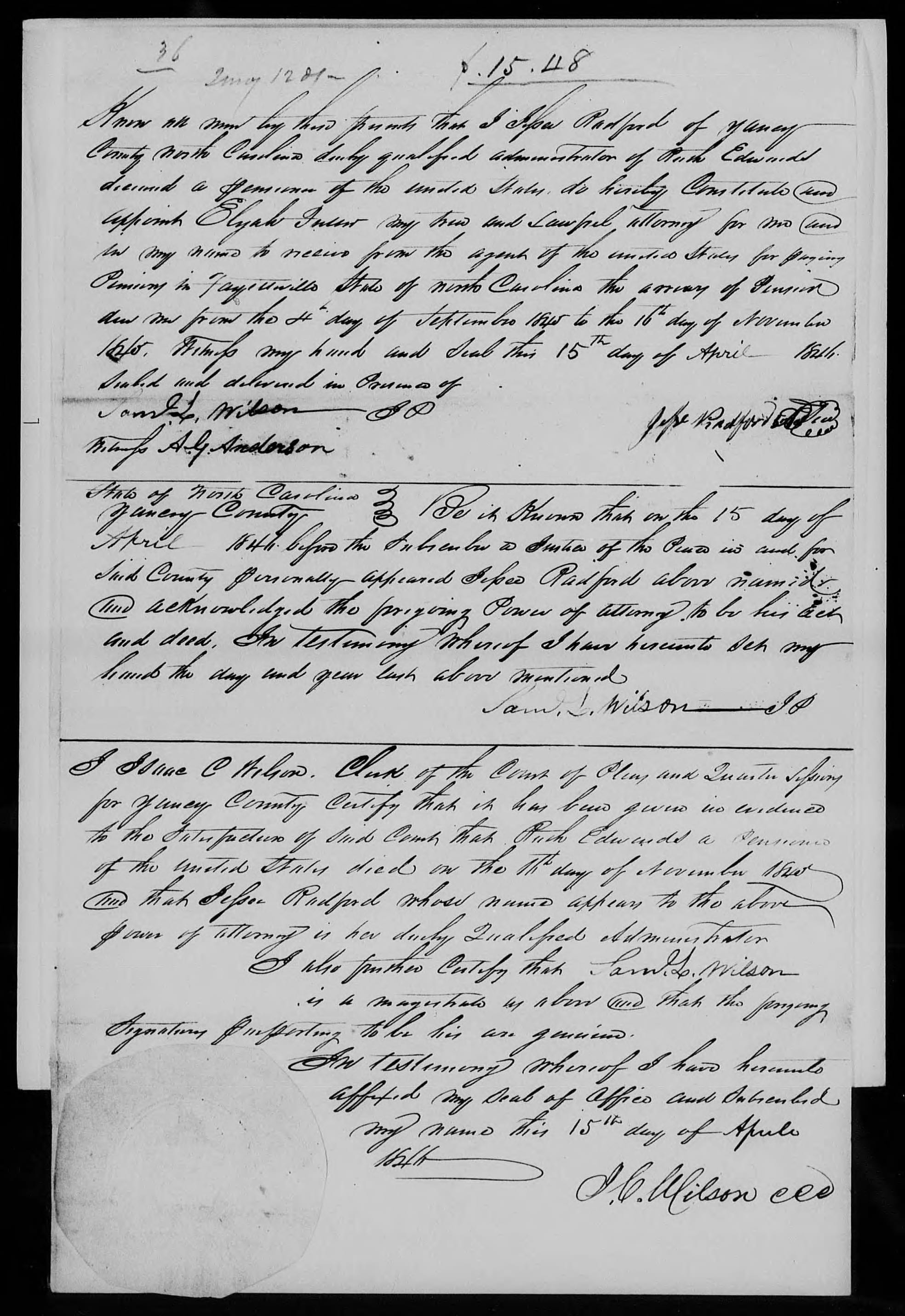 Power of Attorney appointing Elijah Fuller for Ruth Edwards, 15 April 1844