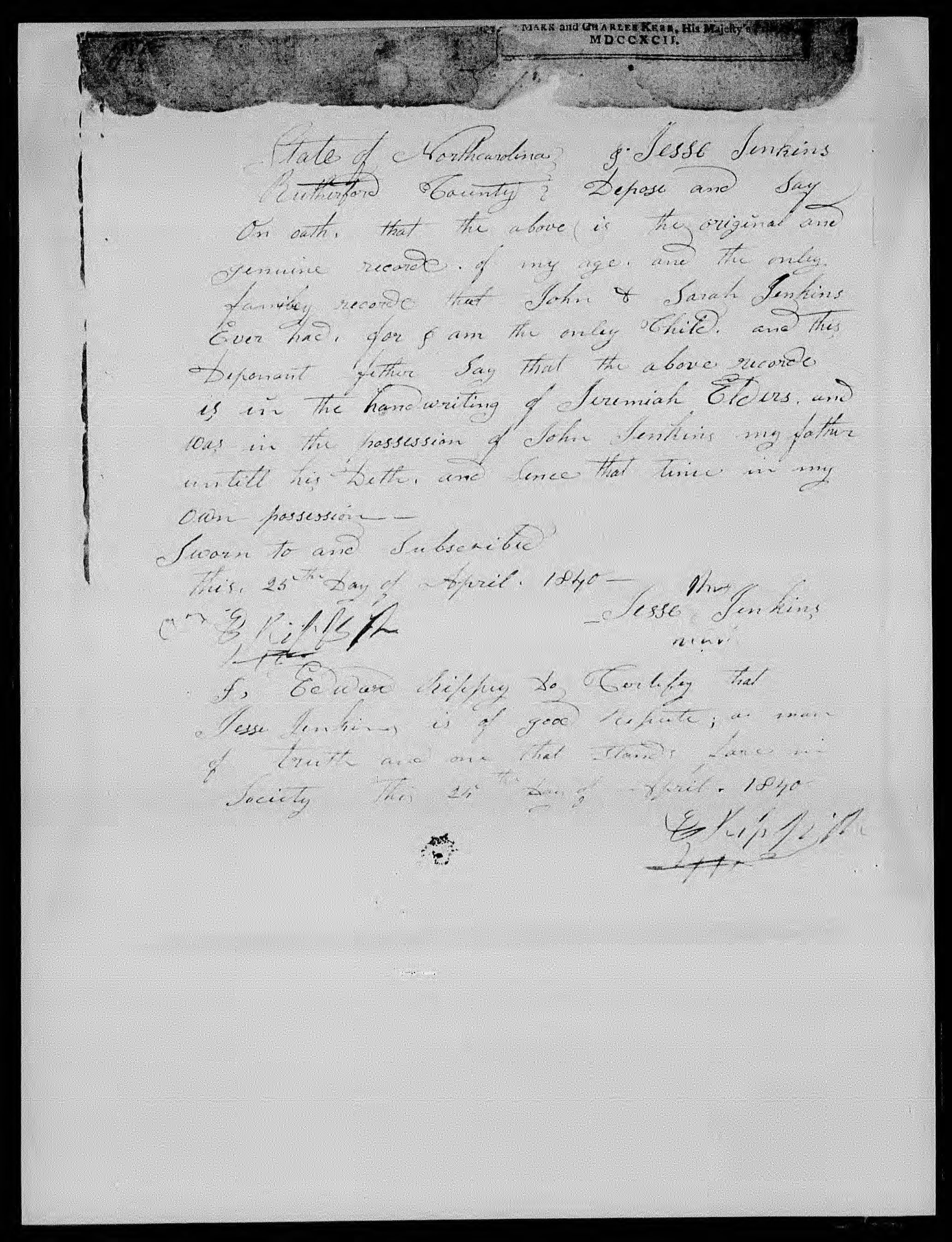 Affidavit of Jesse Jenkins in support of a Pension Claim for Sarah Jenkins, 25 April 1840, page 1