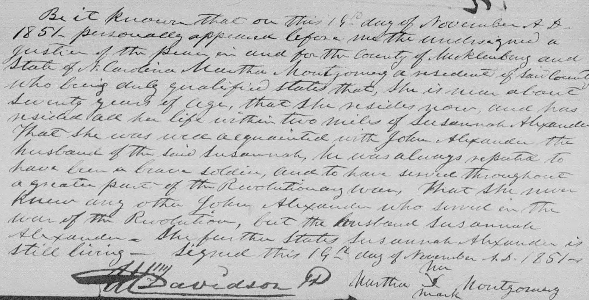 Affidavit of Martha Montgomery in support of a Pension Claim for Susana Alexander, 19 November 1851