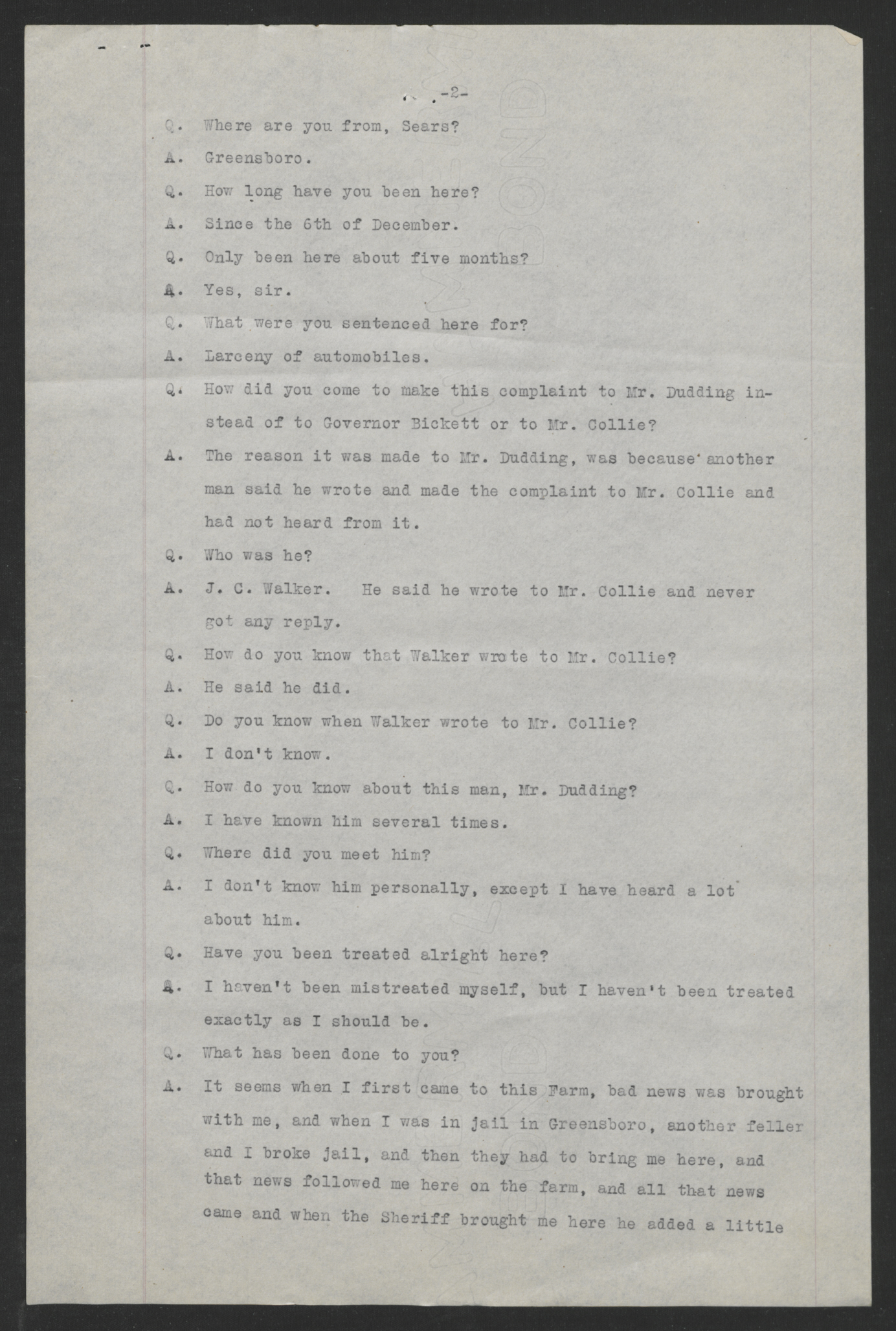 Investigation of the Charges Made by Inmates of the State Prison Farm to Earl E. Dudding, 12 May 1919, page 2