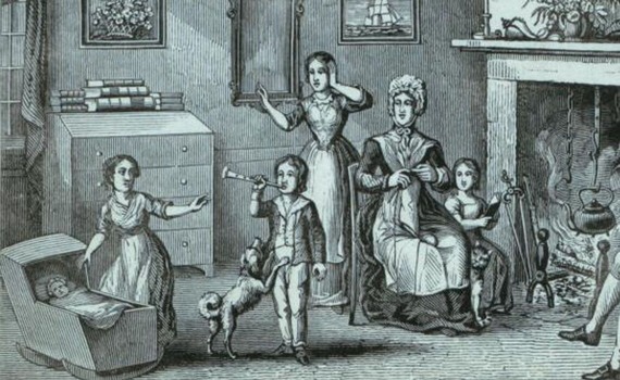 Engraving a woman watching five children