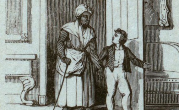 engraving of an older African American woman holding a white boy's hand